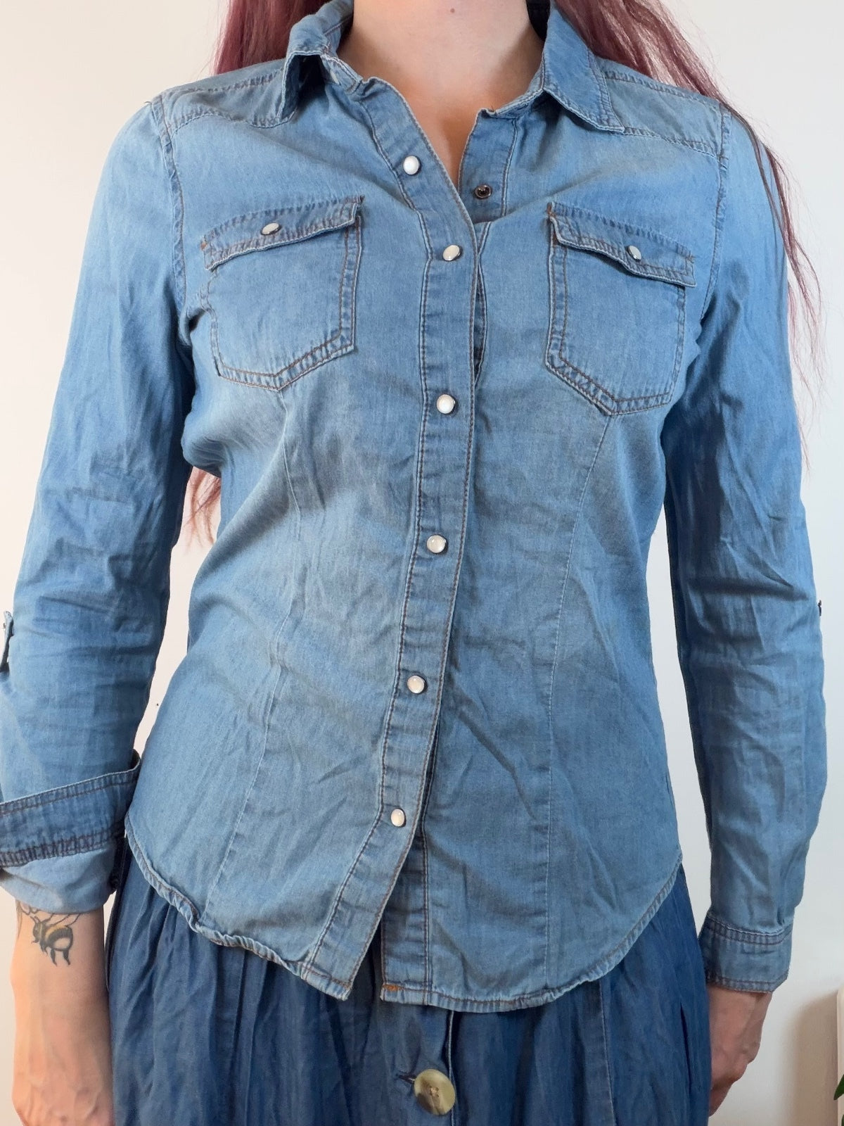 Vintage Fitted Denim Shirt with Brown Elbow Patches Long Sleeve Size 12 to 14