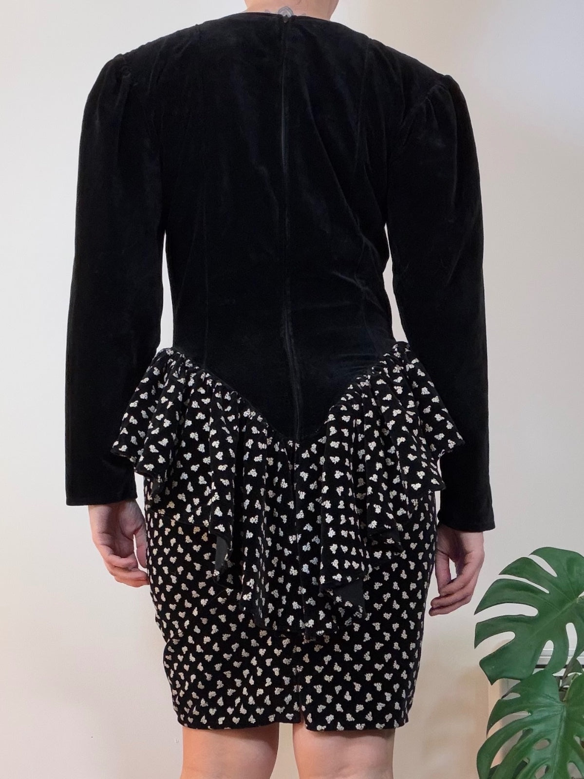 Vintage 1980s Cocktail Dress Black Velvet Peplum Dress with Ditsy Print Size 12