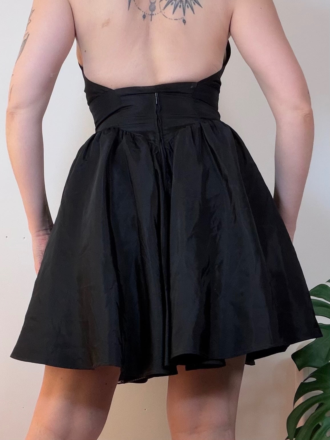 Vintage Black Halter Dress with Flower embellishment and Full Skirt Size 8