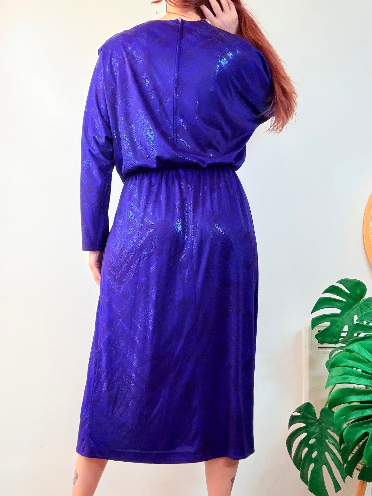 Vintage 1980s Party Dress Sparkly Purple Midi Dress with Batwing Sleeves Size 16