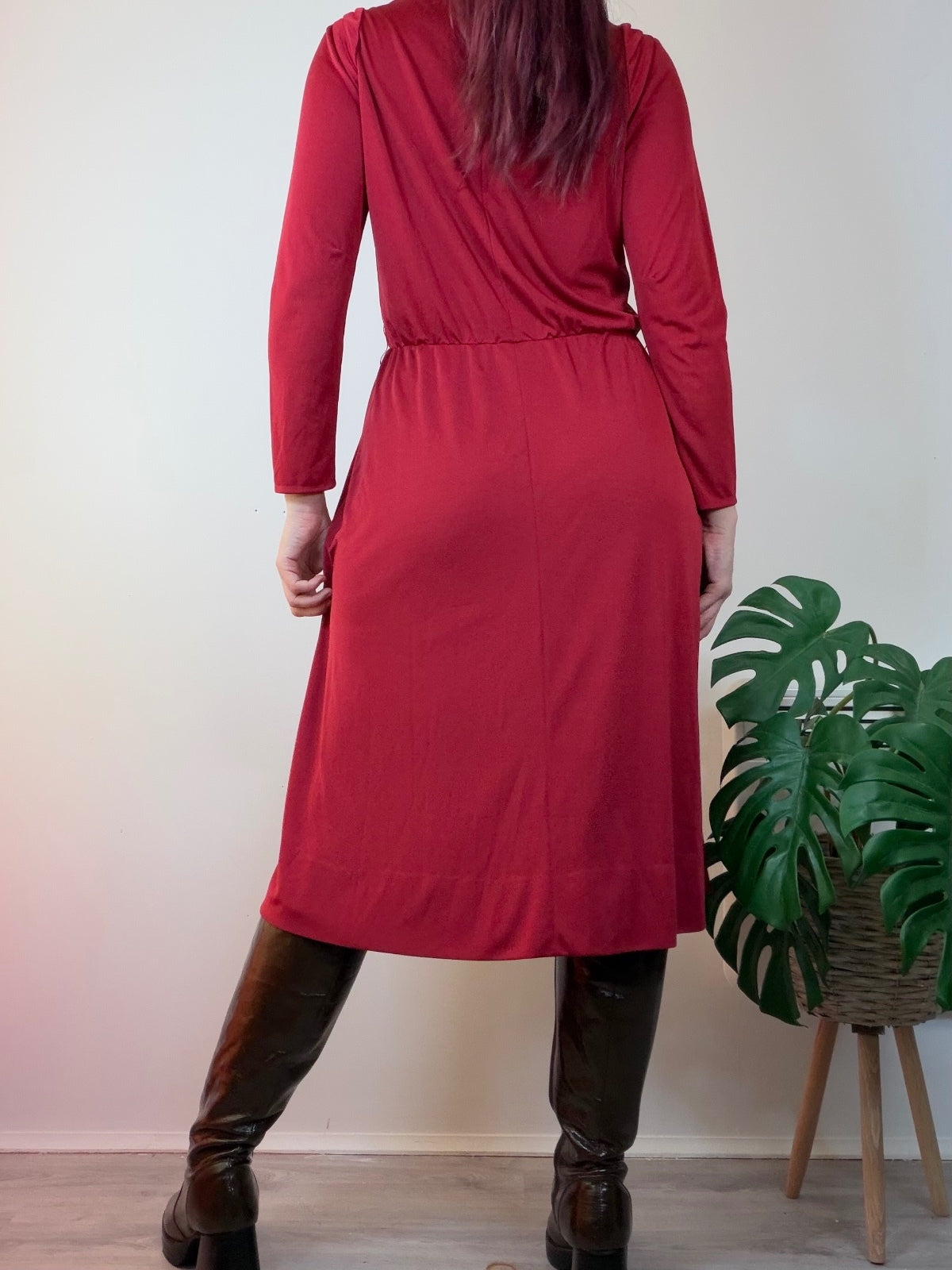 Vintage Red Midi Dress with Long Sleeves and Draped Neckline size 16