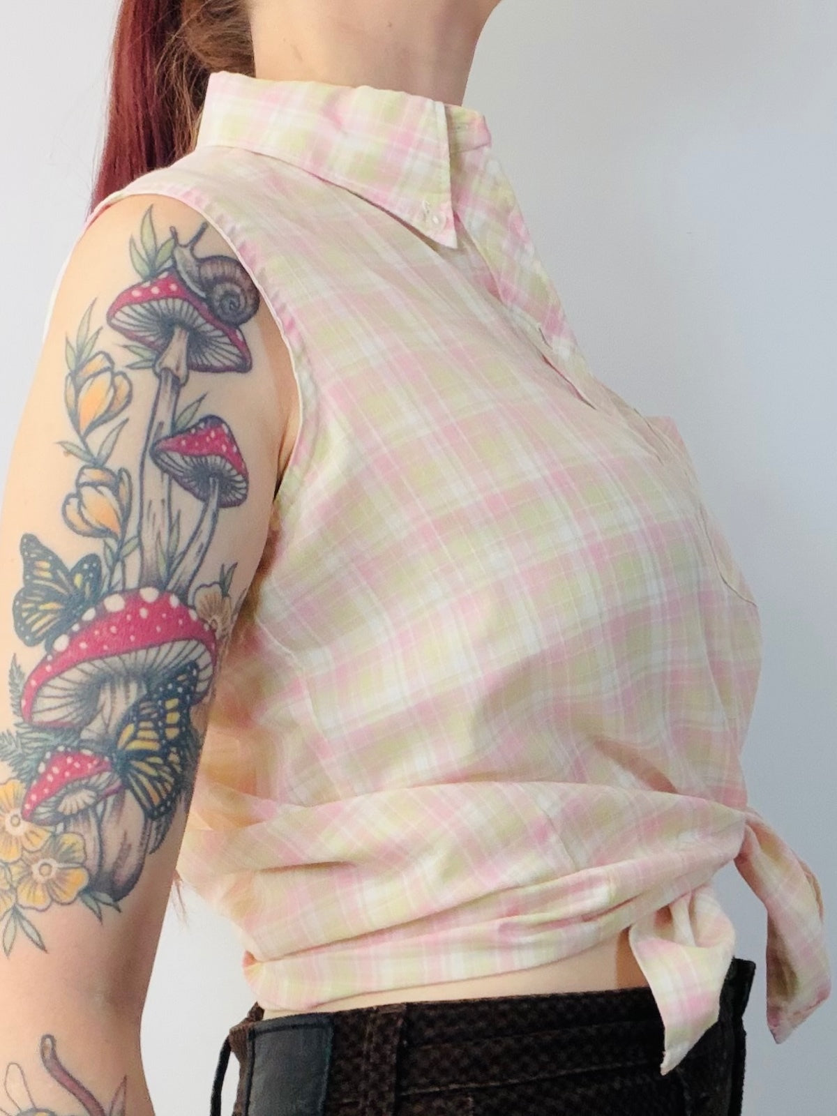 Vintage 1980s Sleeveless Top Pastel Plaid Button-Up Shirt with Tie Front Size 14