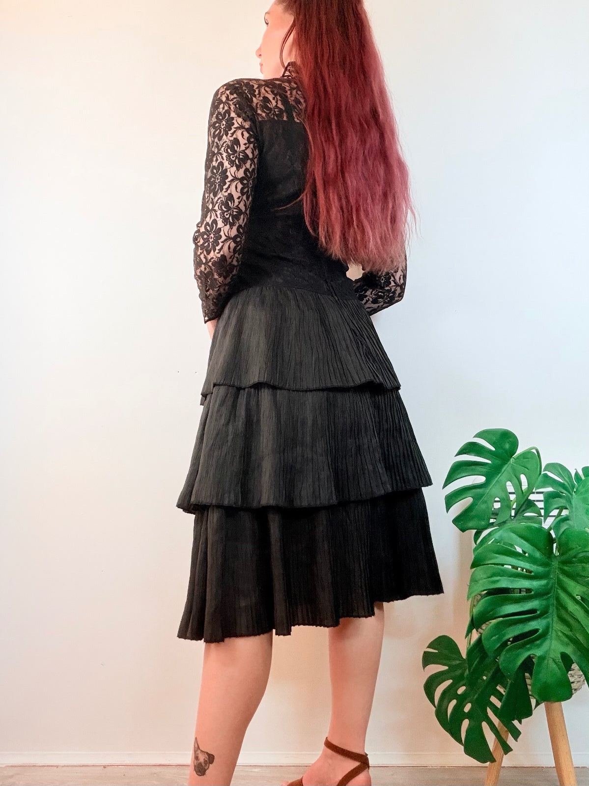 3 Suisses Party Dress Black Lace and Tiered Skirt Midi Dress Size 12