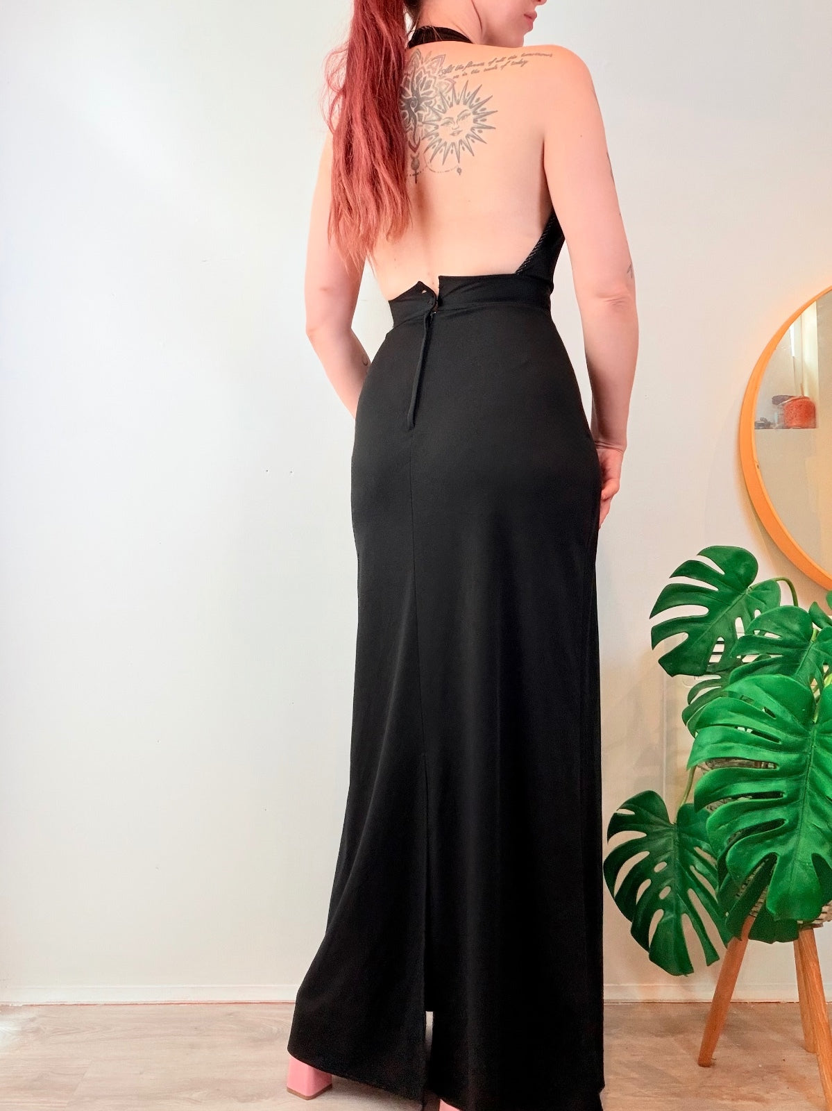 Vintage 1970s Cocktail dress Black Halter Neck Maxi with Rose Detail Size 6