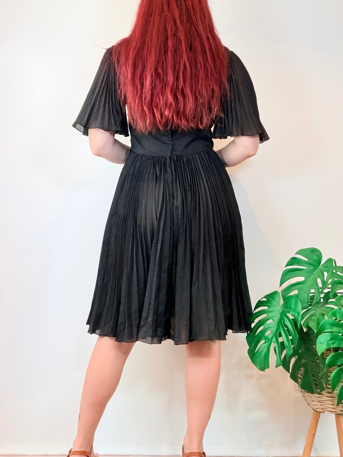 Vintage Day Dress Black Pleated Midi Dress with Flared Sleeves Size 12