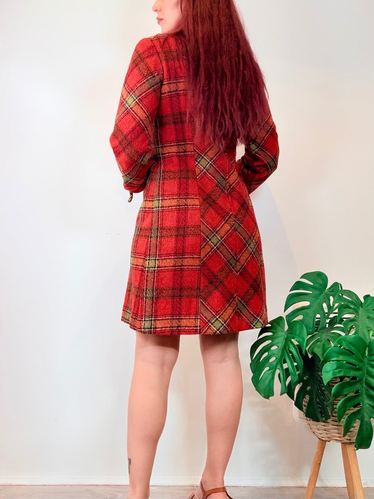 Vintage1970s Tartan Dress Red Plaid Wool With tie Cuff Sleeves Size 12 to 14