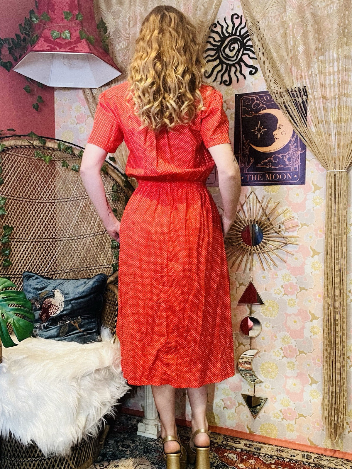 Vintage 1970s Shirt Dress Rockabilly Polkadot Collared Short Sleeve Dress Red 12