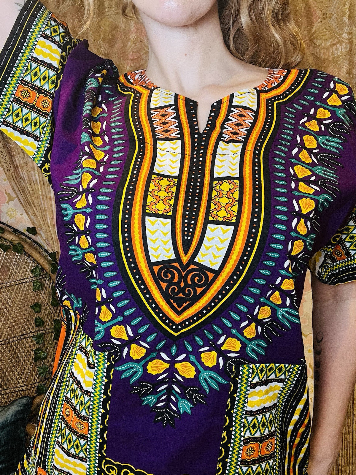 African Dashiki Boho Top 100% Cotton Summer T-shirt Blouse Abstract Print L