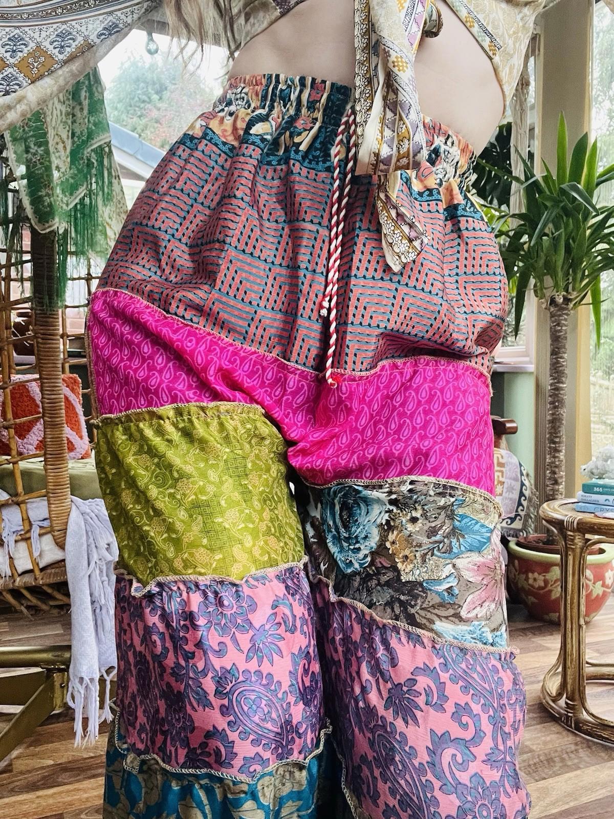 Wide Leg Trousers Vintage Patchwork Layered Sari Silk Hippie Boho Gypsy Pants M