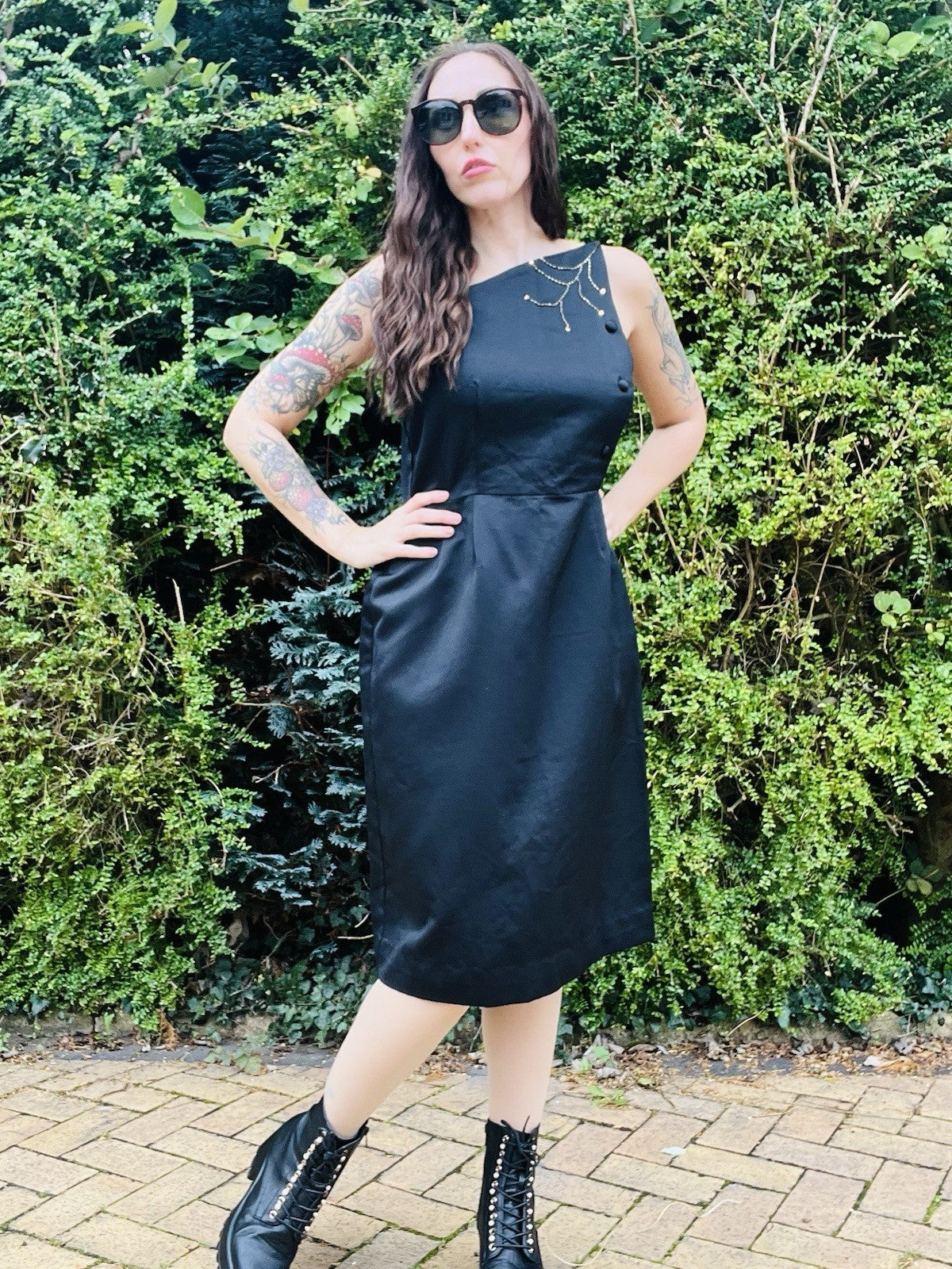 Vintage 1980s Cocktail Dress, Asymmetric Neckline And Cinched Waist Black 12
