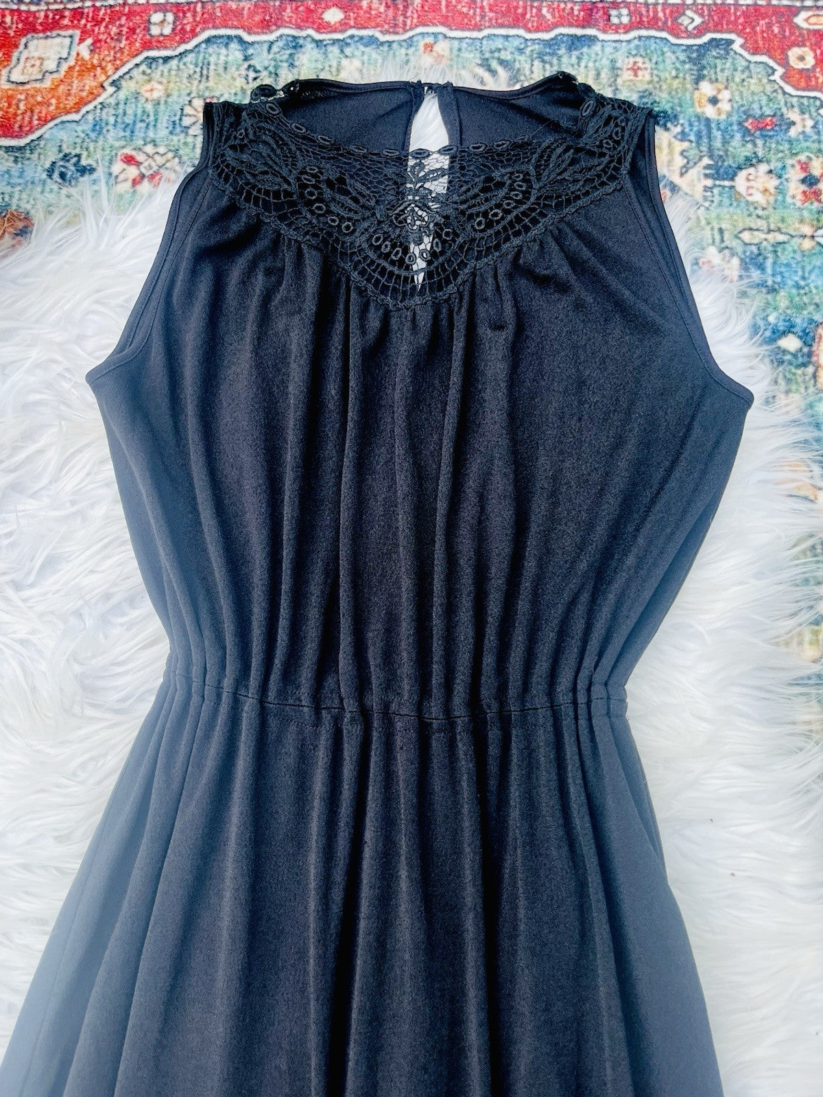 Vintage 1970s Maxi Dress Long Floaty Whimsigoth Dress With Lace Detail Black 10