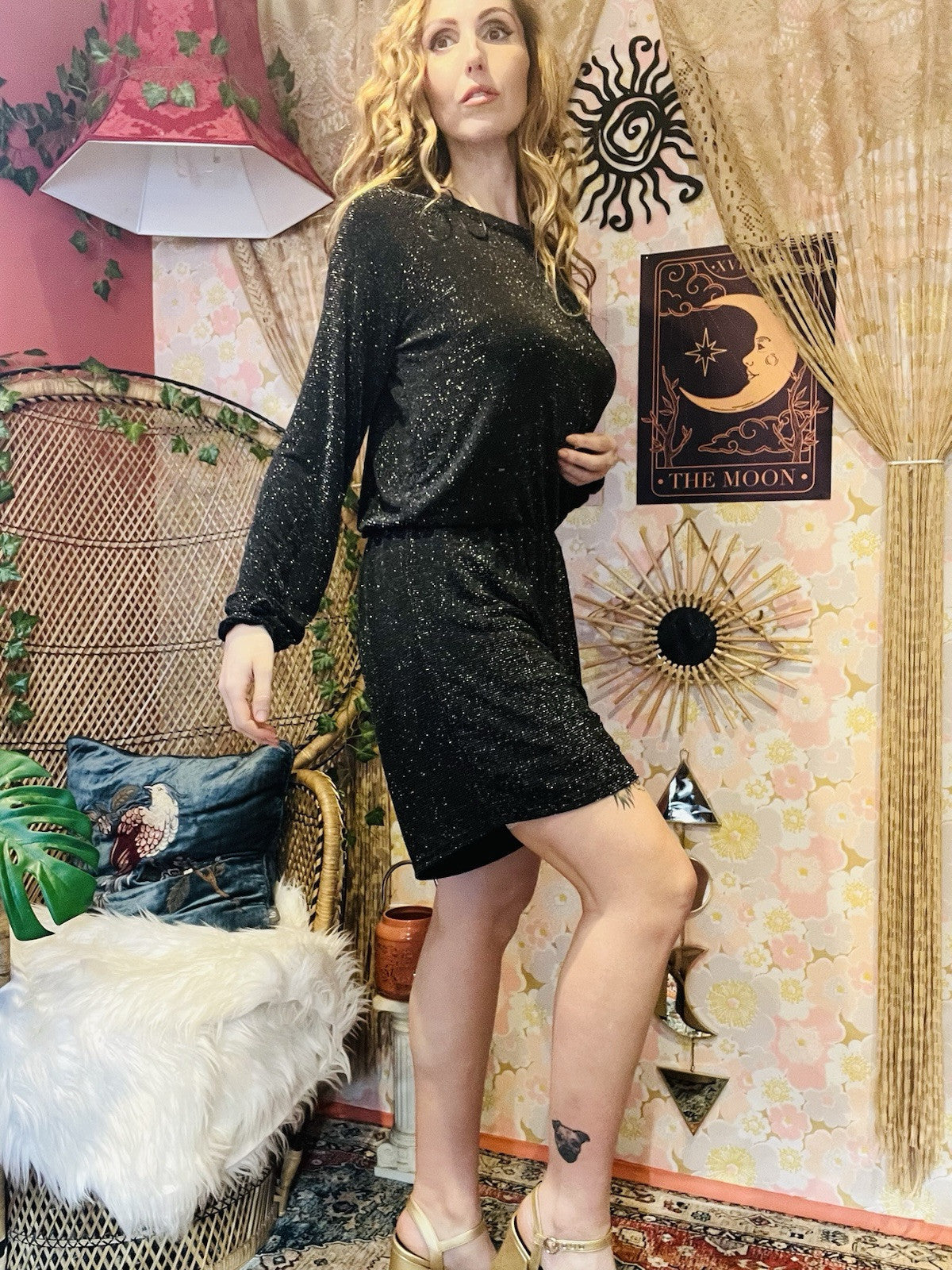 Long Sleeved Playsuit Black Silver Sparkly Glitter Short Bomper With Open Back L