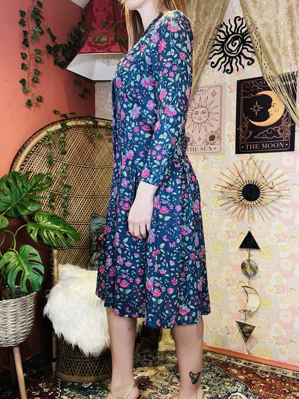 Vintage 1960s Shirt Dress By Deanes Long Sleeve Floral Shorter Fitting Blue 10