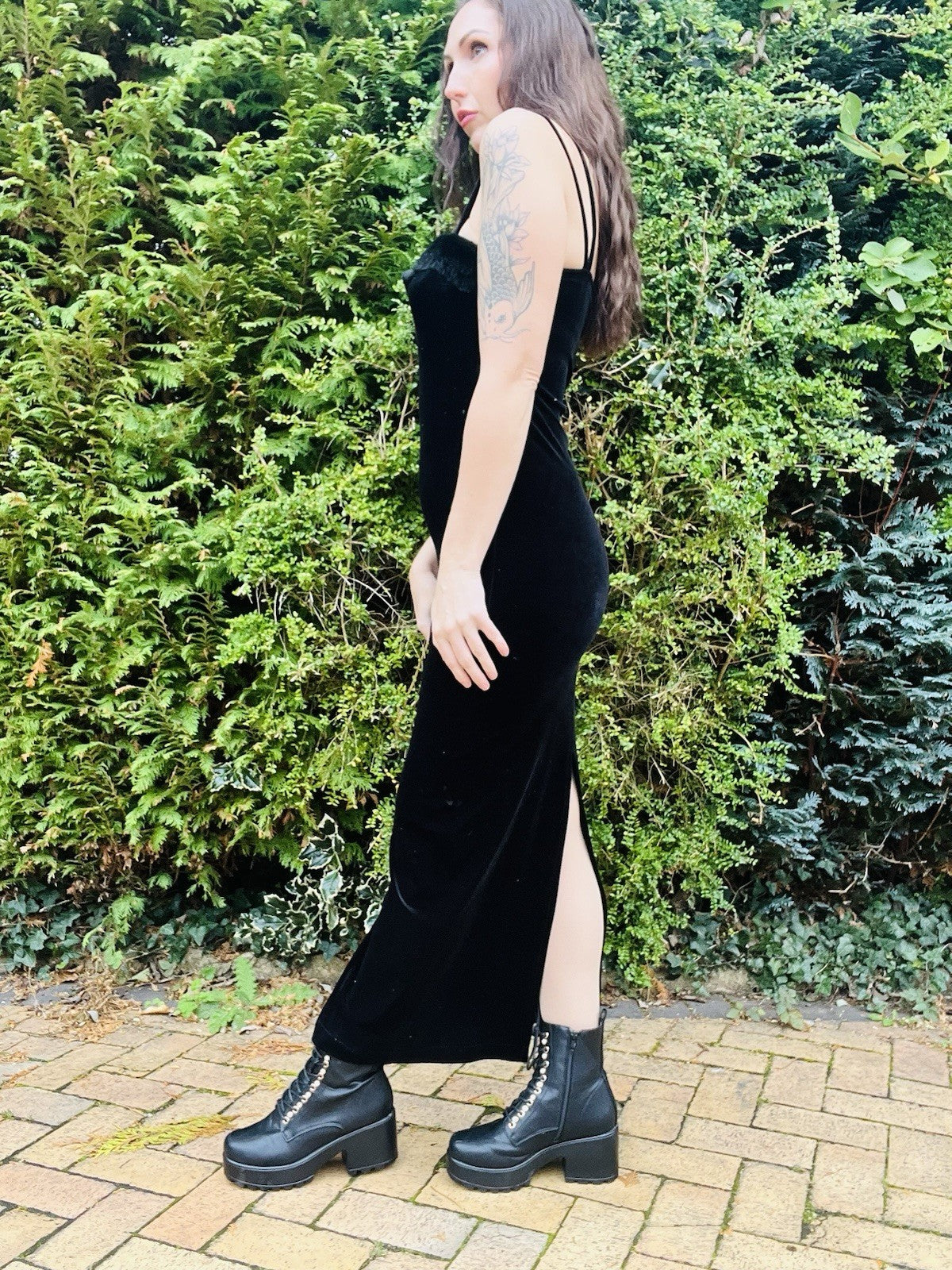 Vintage 1990s Velvet Dress With Fluffy Trim, Pencil Wiggle Dress By El-KA 10