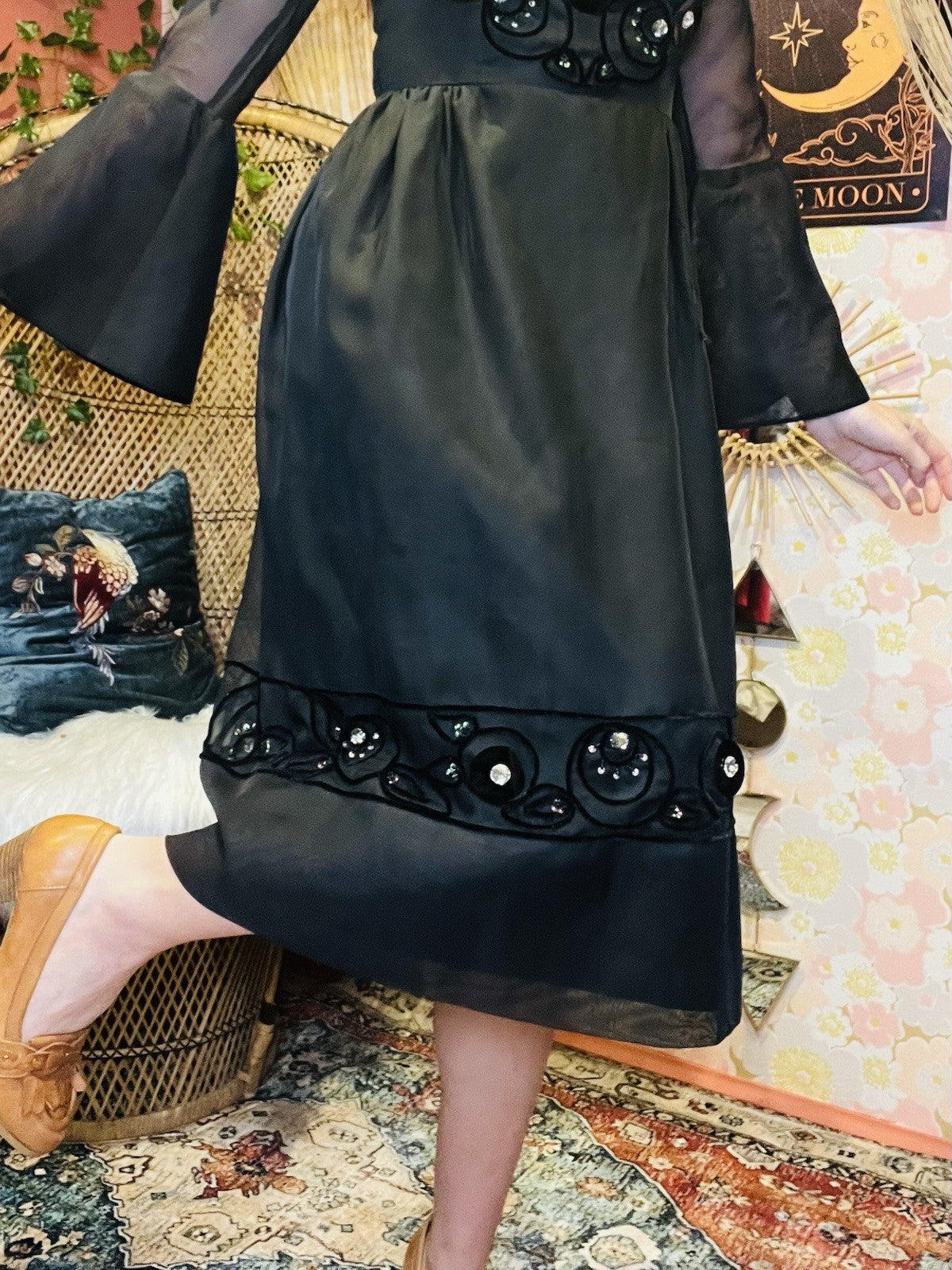 Vintage 90s Party Dress Black S 8 By Vera Mont Whimsigoth Star Flared Sleeves