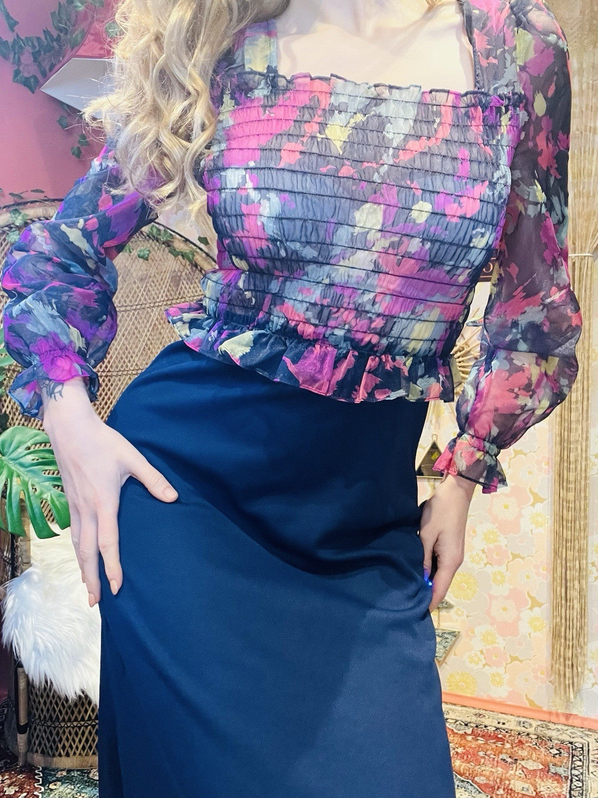 Vintage 1980s Maxi Dress Sheer Peplum Long Sleeve Square Neckline Blue Size 12
