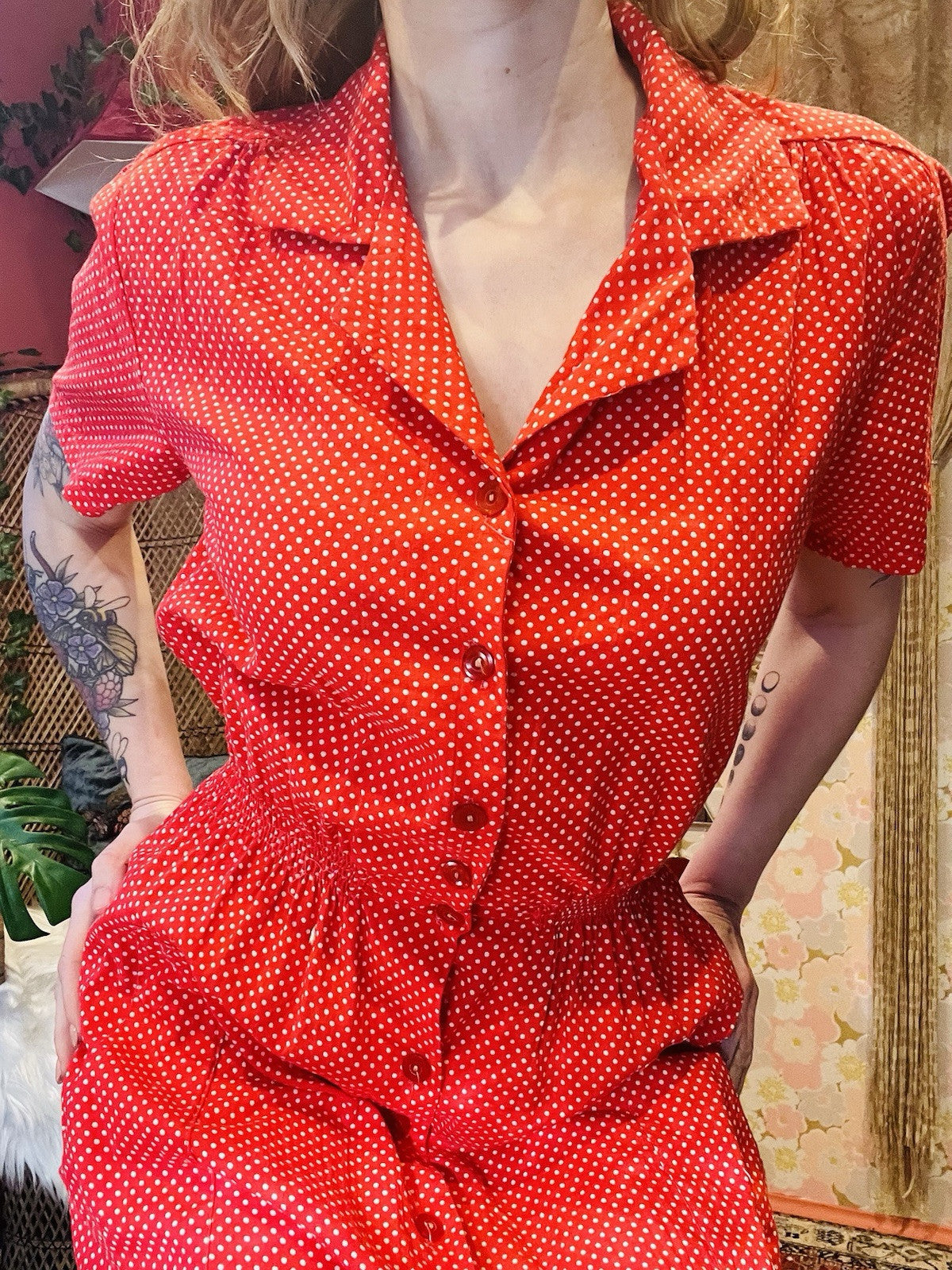 Vintage 1970s Shirt Dress Rockabilly Polkadot Collared Short Sleeve Dress Red 12
