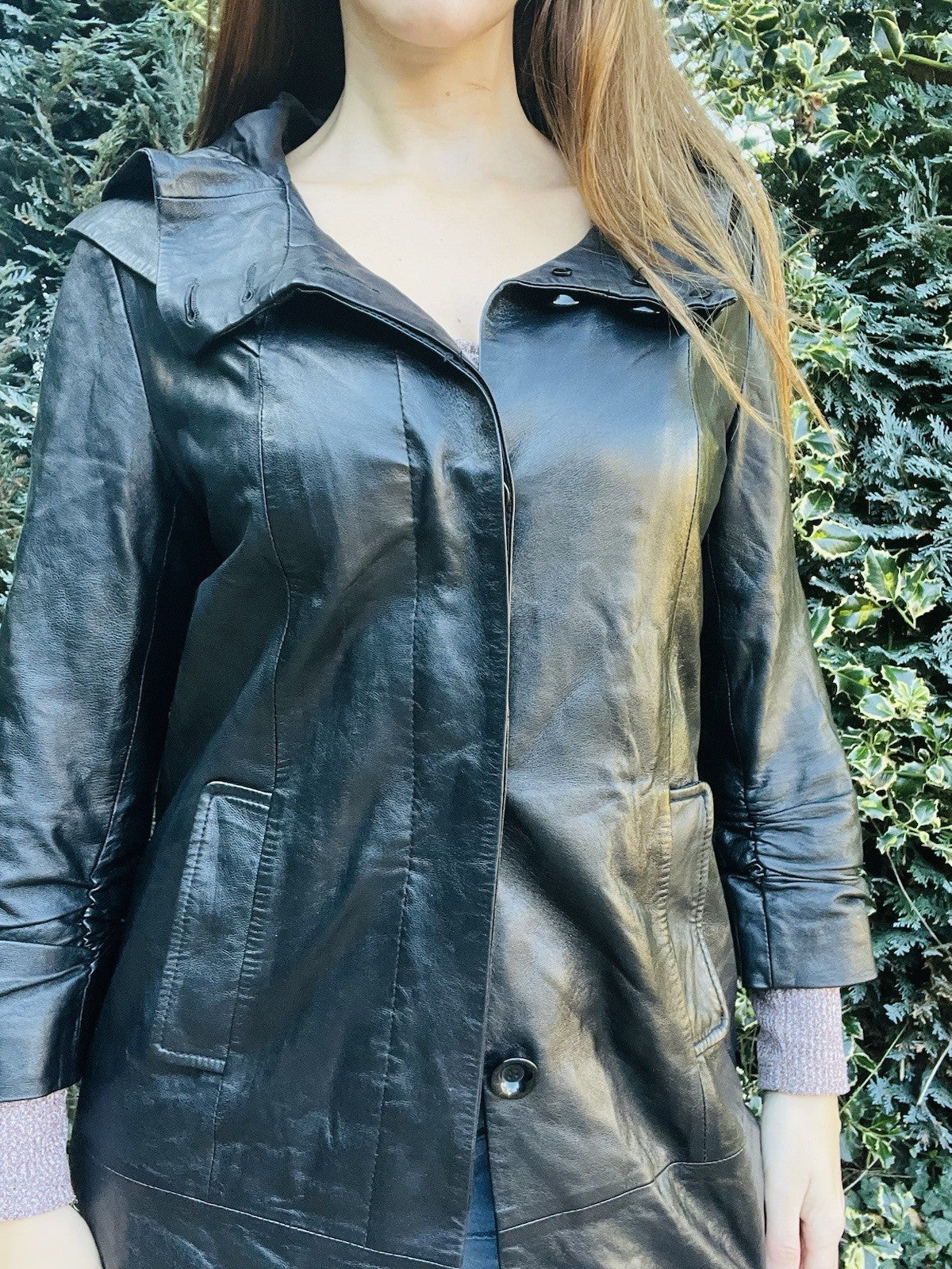 Vintage 1980s Leather Jacket With Hood, Retro Cropped Sleeve Long Length 10-12
