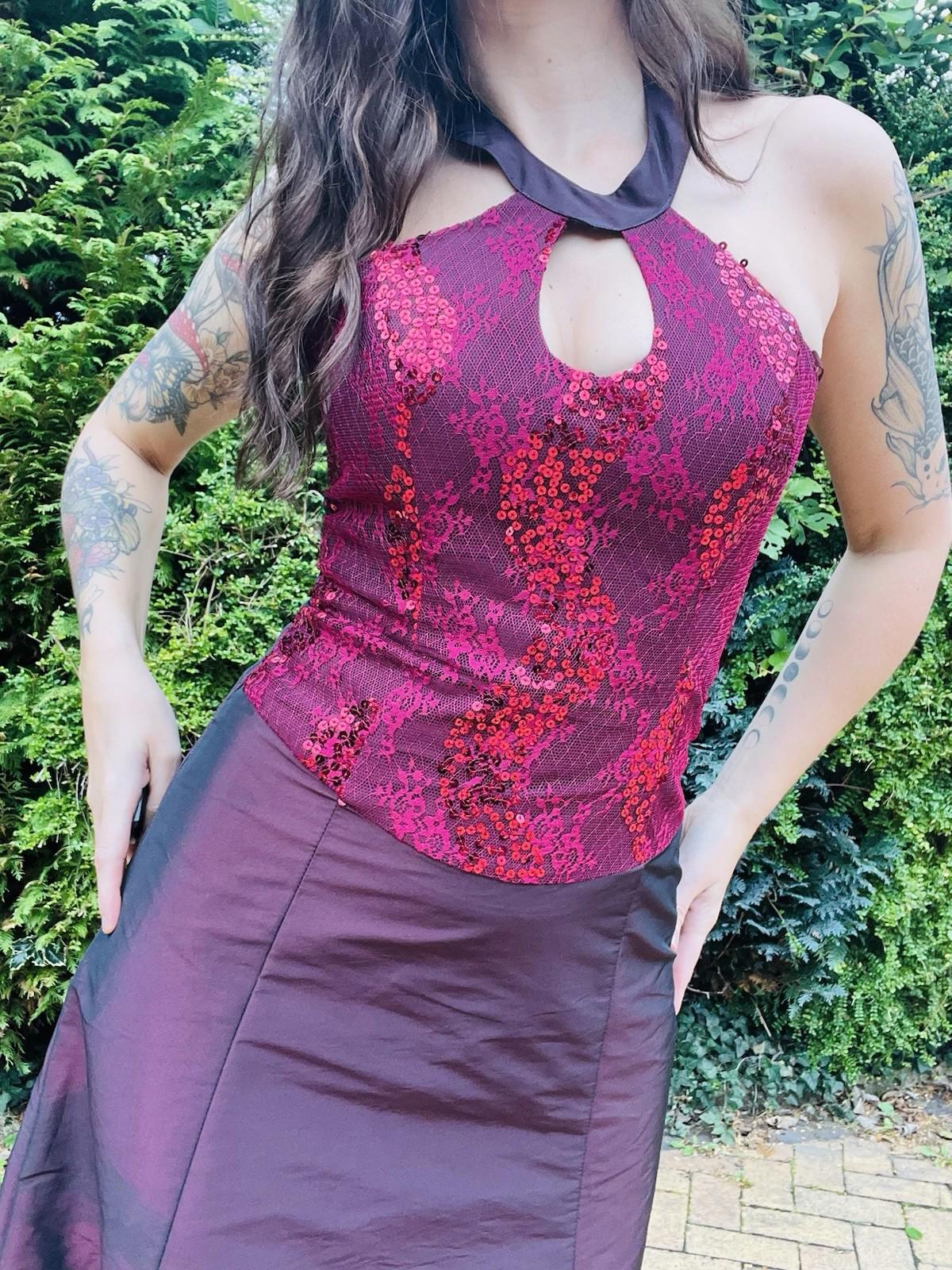 Vintage 1990s Cocktail Dress purple Lace Sequin Bodice Prom Party Ball Gown 8