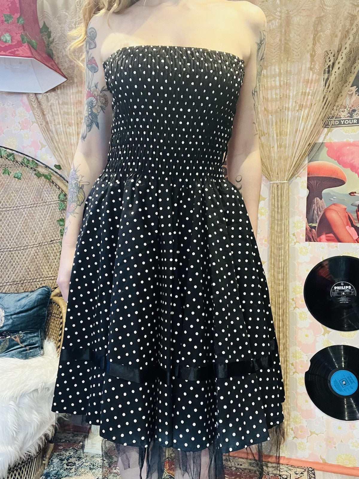 Vintage 1980s Polkadot Dress Frilly A-line Strapless Shirring Party Dress 12