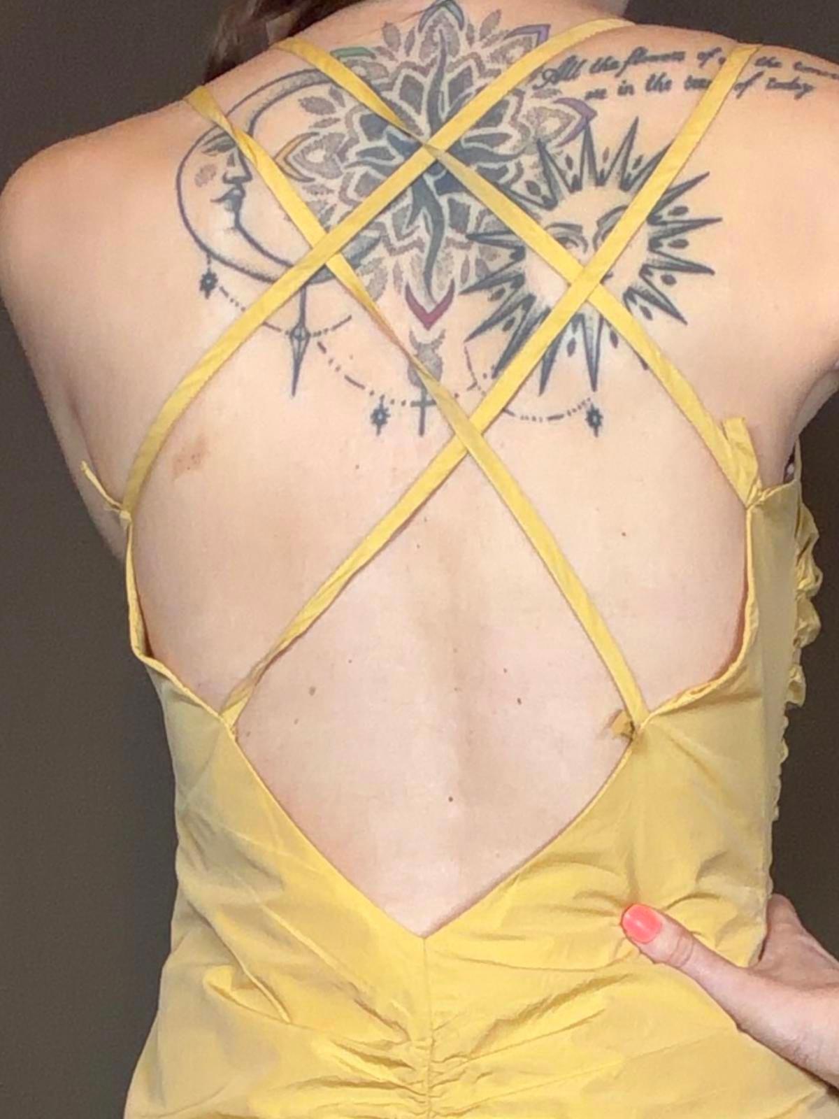 Yellow Sleeveless Midi Dress Size 8 with Ruched Detail strappy backless design