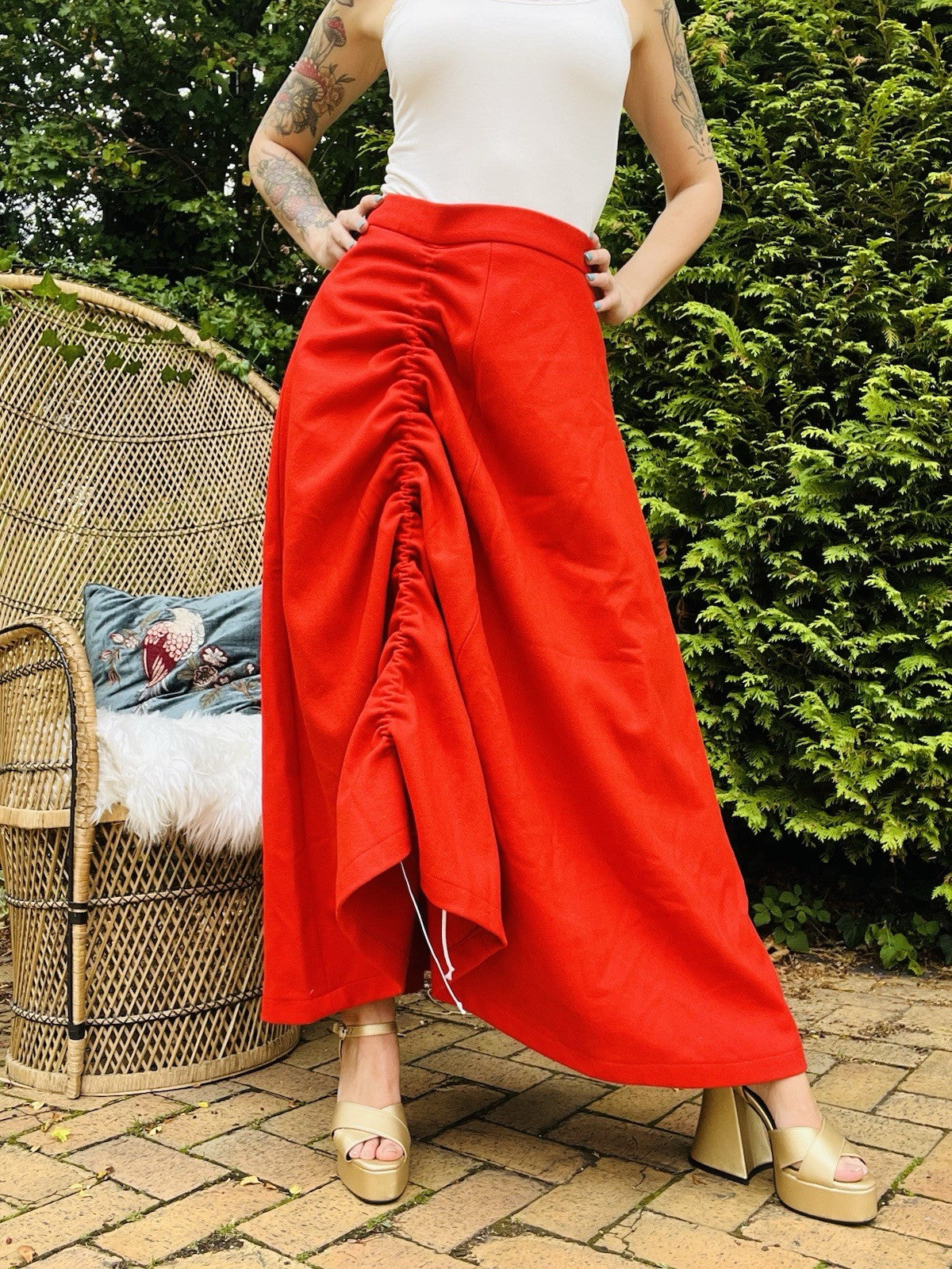 Vintage 1960s Maxi Skirt High Waist Long Skirt With Draw String Ruffle Red 12