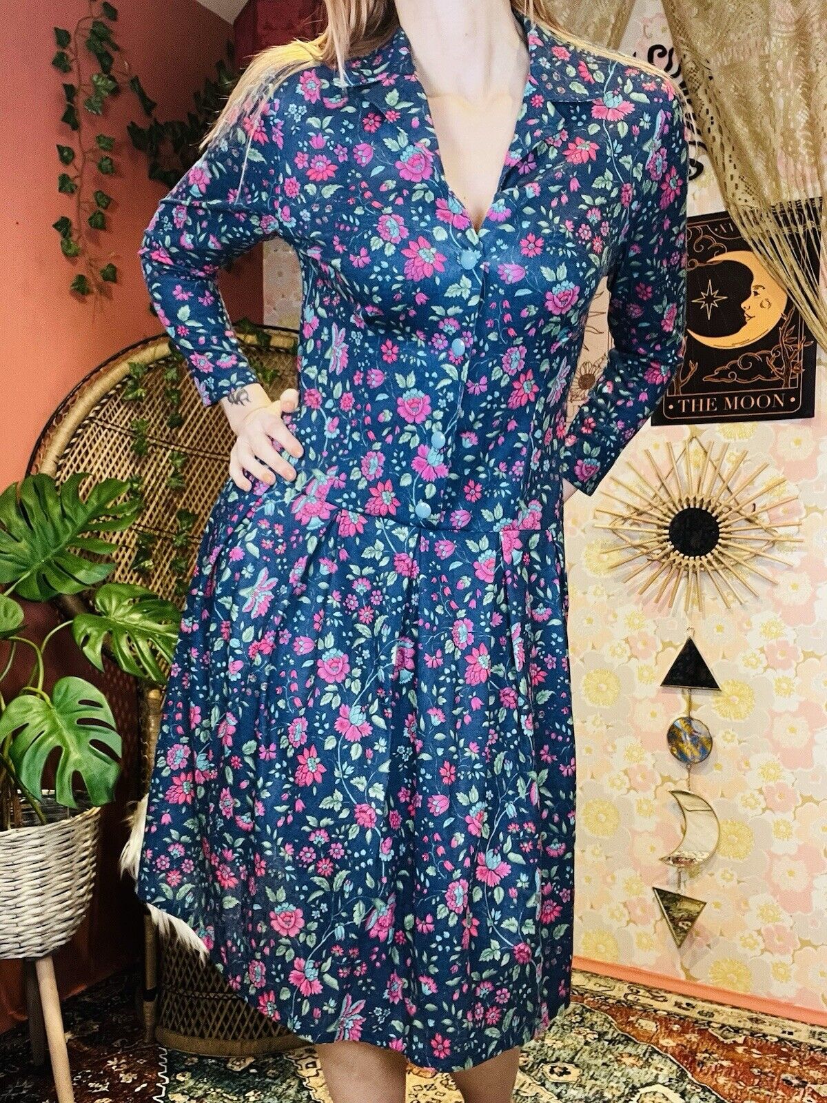 Vintage 1960s Shirt Dress By Deanes Long Sleeve Floral Shorter Fitting Blue 10