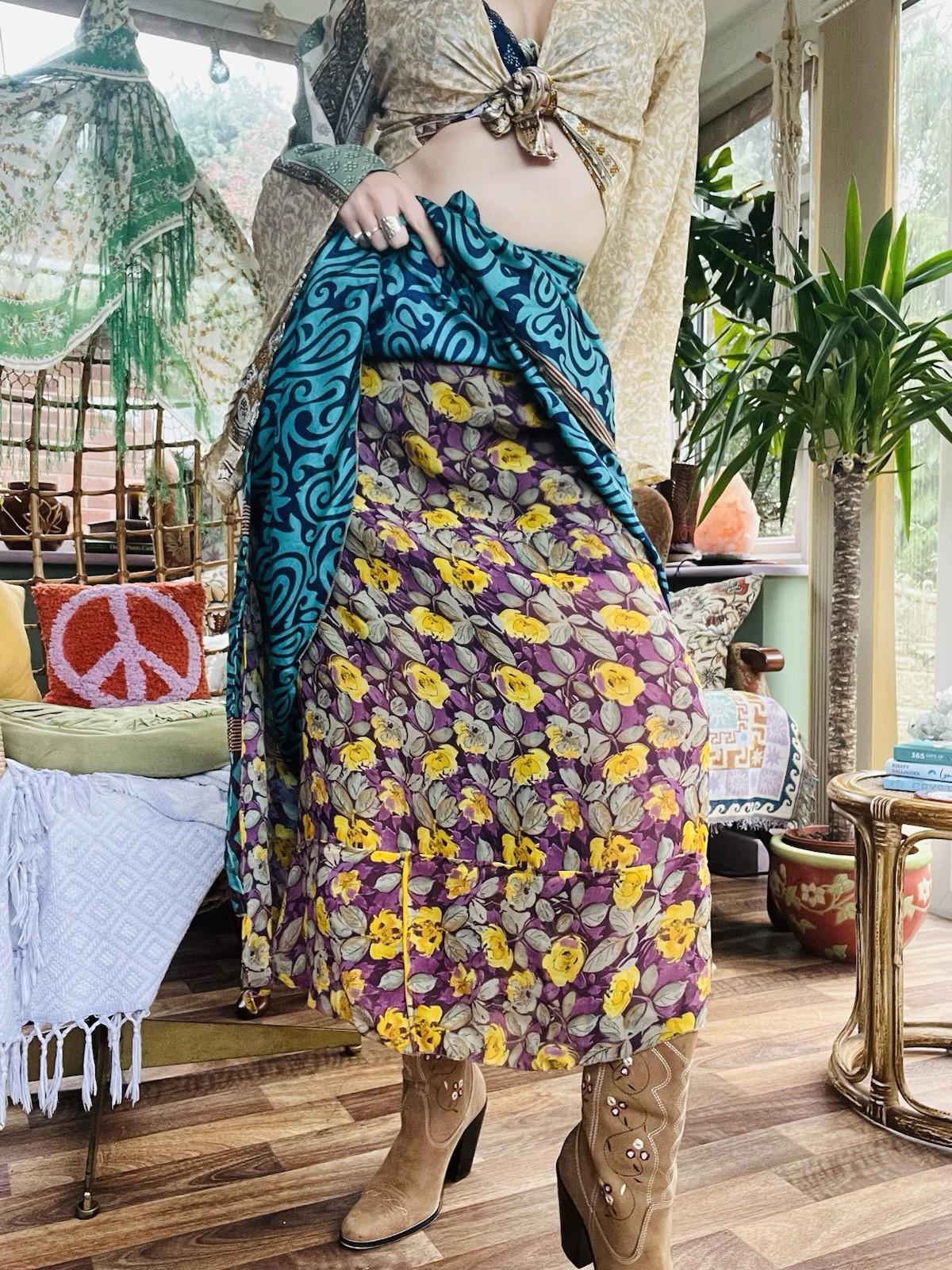 Layered Hippie Maxi Skirt Vintage Sari Silk Hippie Boho Long Gypsy Wrap Skirt