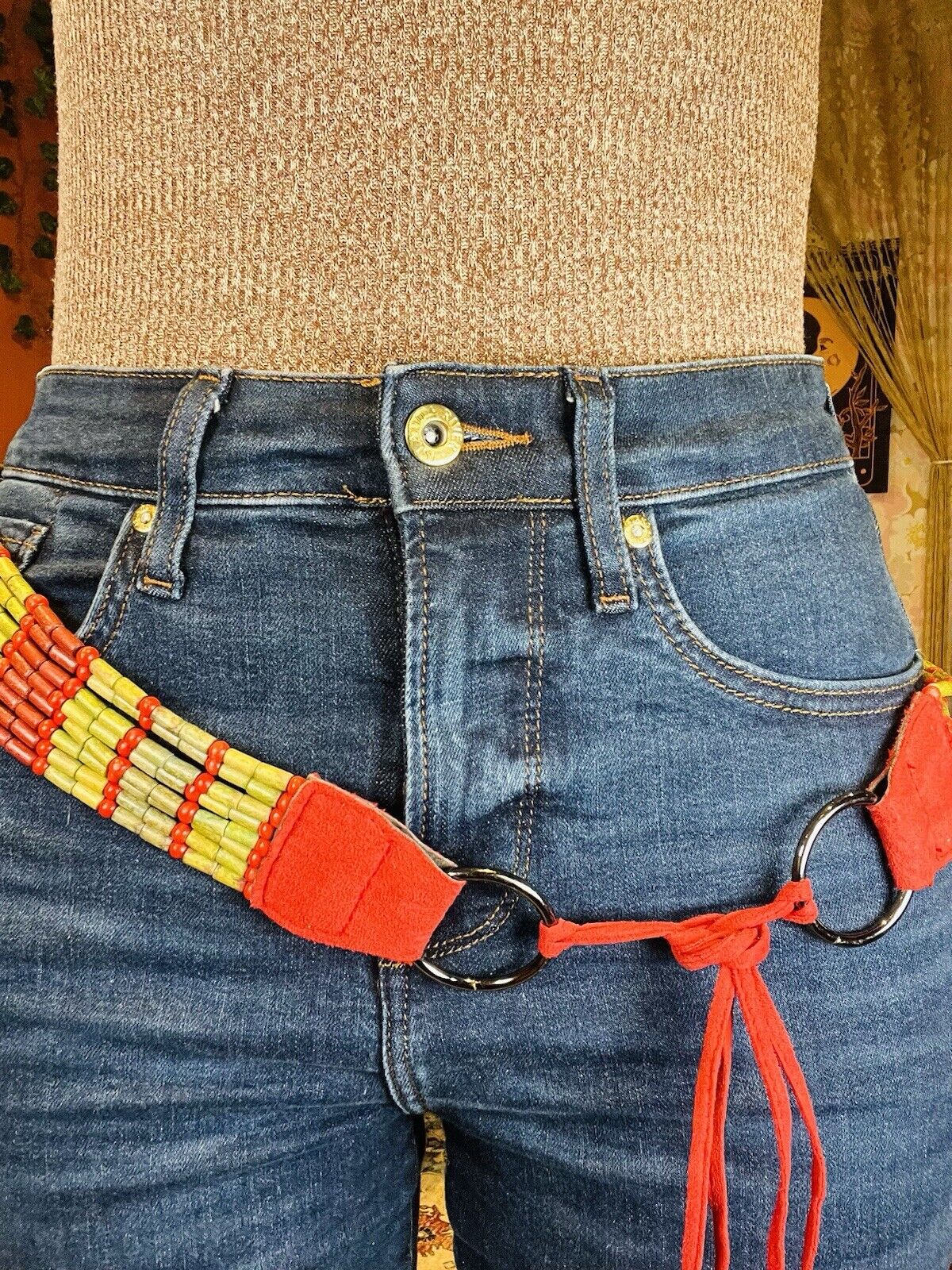 Vintage Boho Hippie Belt Beaded Rope Chain Waist Jewellery Red Green 35inch