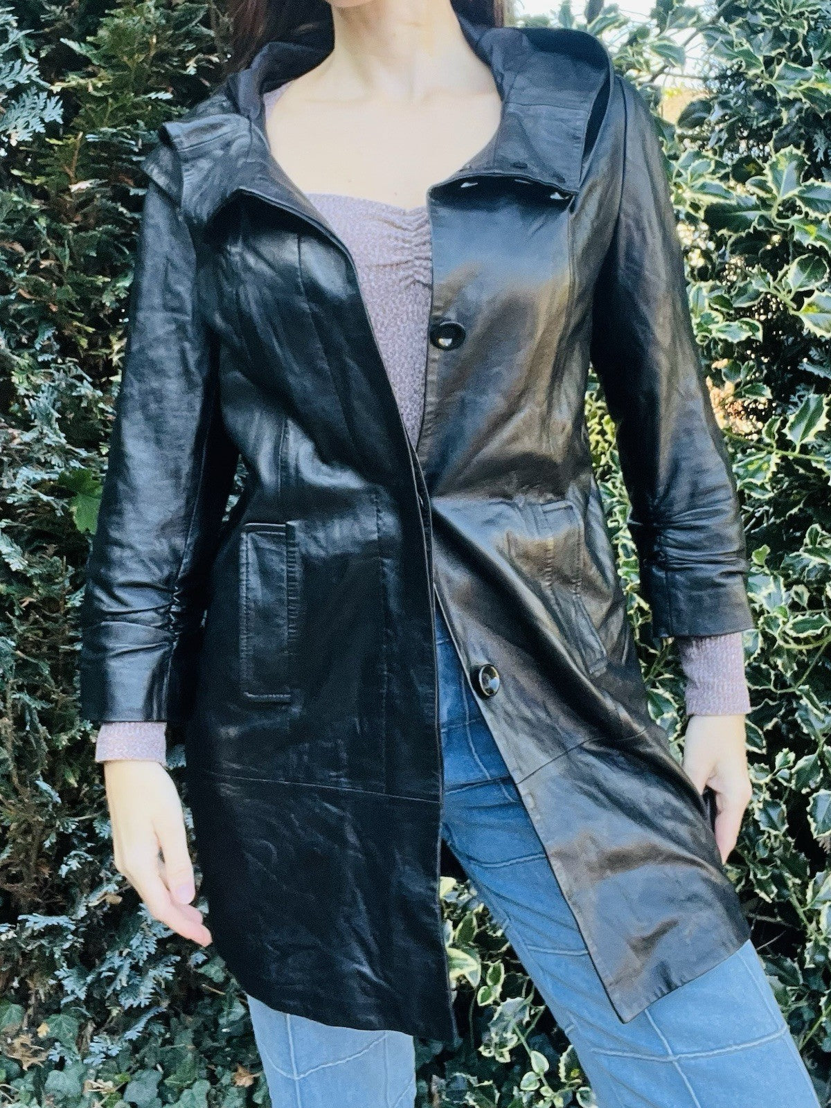 Vintage 1980s Leather Jacket With Hood, Retro Cropped Sleeve Long Length 10-12