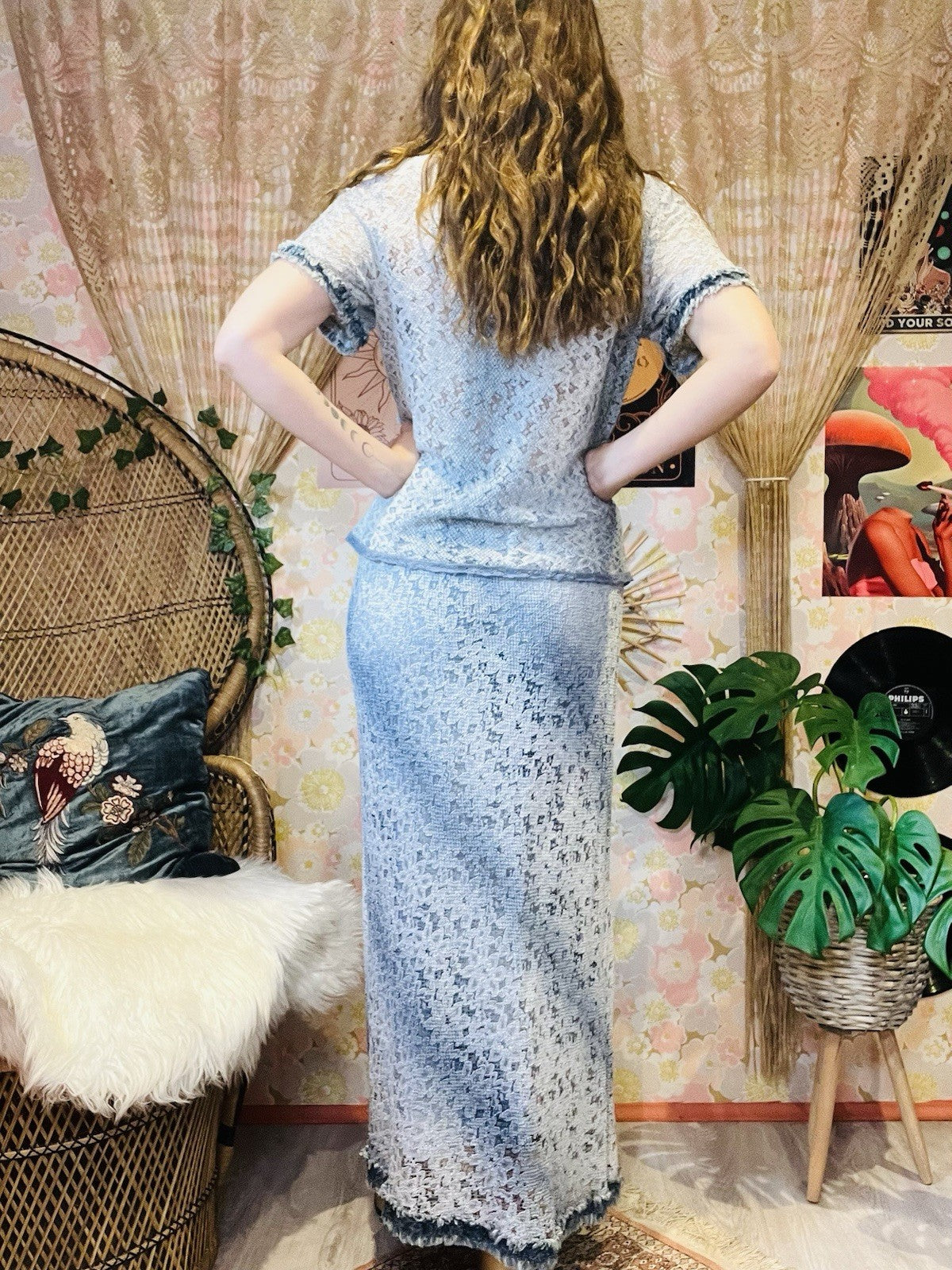 Vintage 90s Two Price Coord Set Maxi Skirt Sand T-shirt Top Frayed Denim Look 14