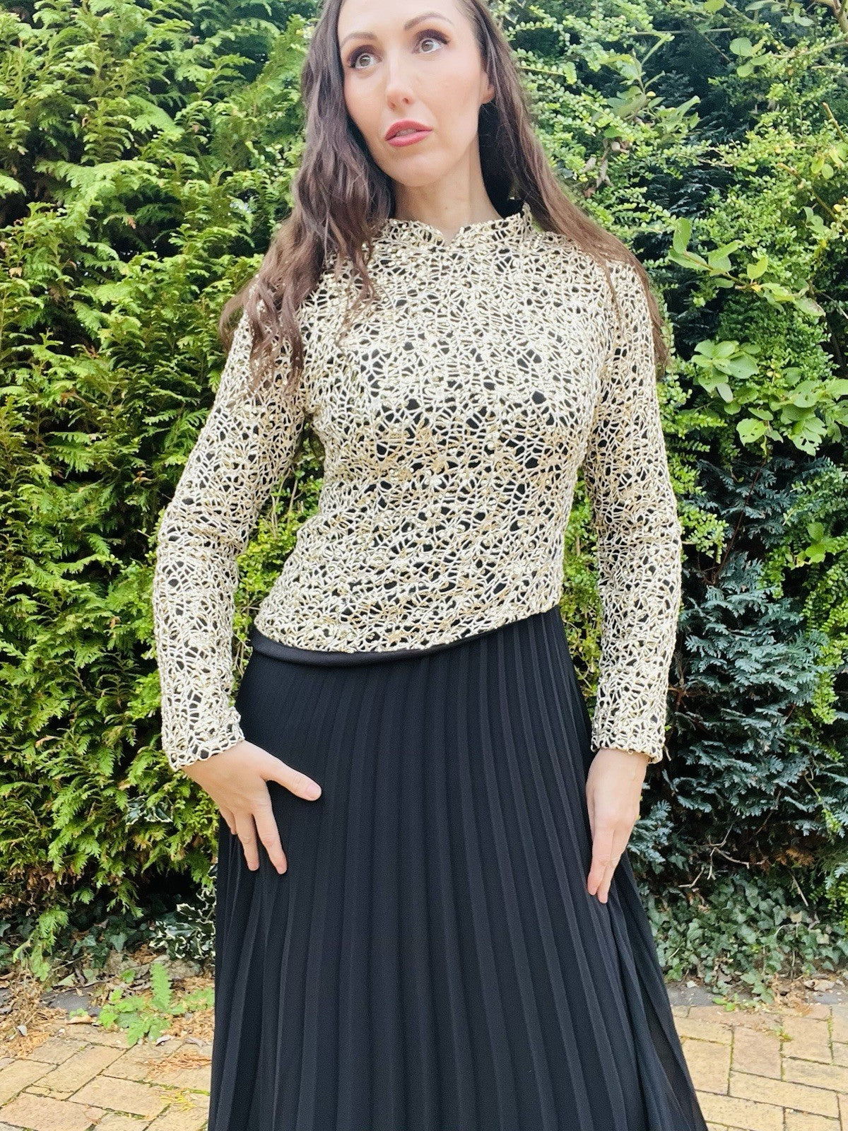Vintage 1980s Cocktail Dress, Long Sleeve Sparkly Bodice, Pleated Skirt Size 10