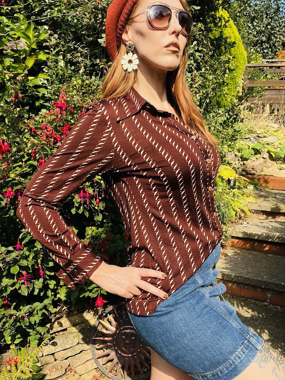 Vintage 1970s Retro Shirt Long Sleeve Abstract Striped Blouse Brown Size 10