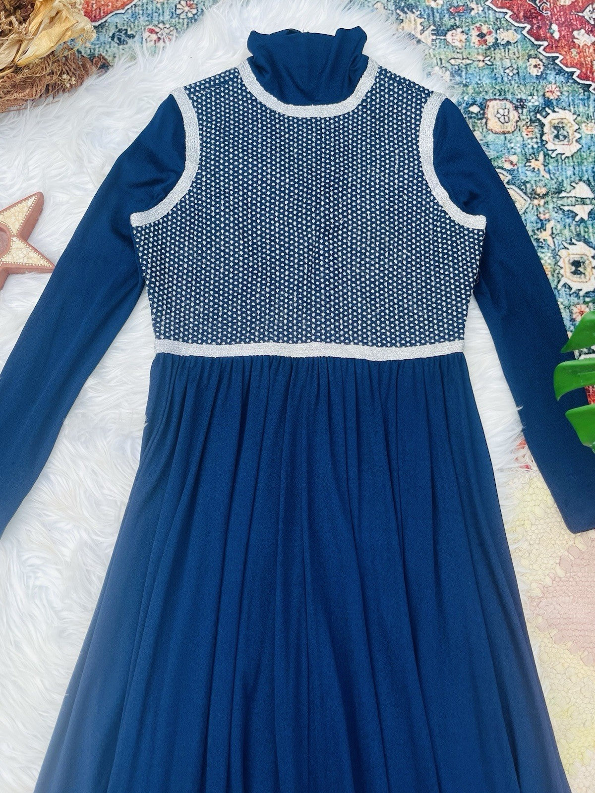 vintage 1960s maxi dress floaty retro long sleeve high neck blue size 12