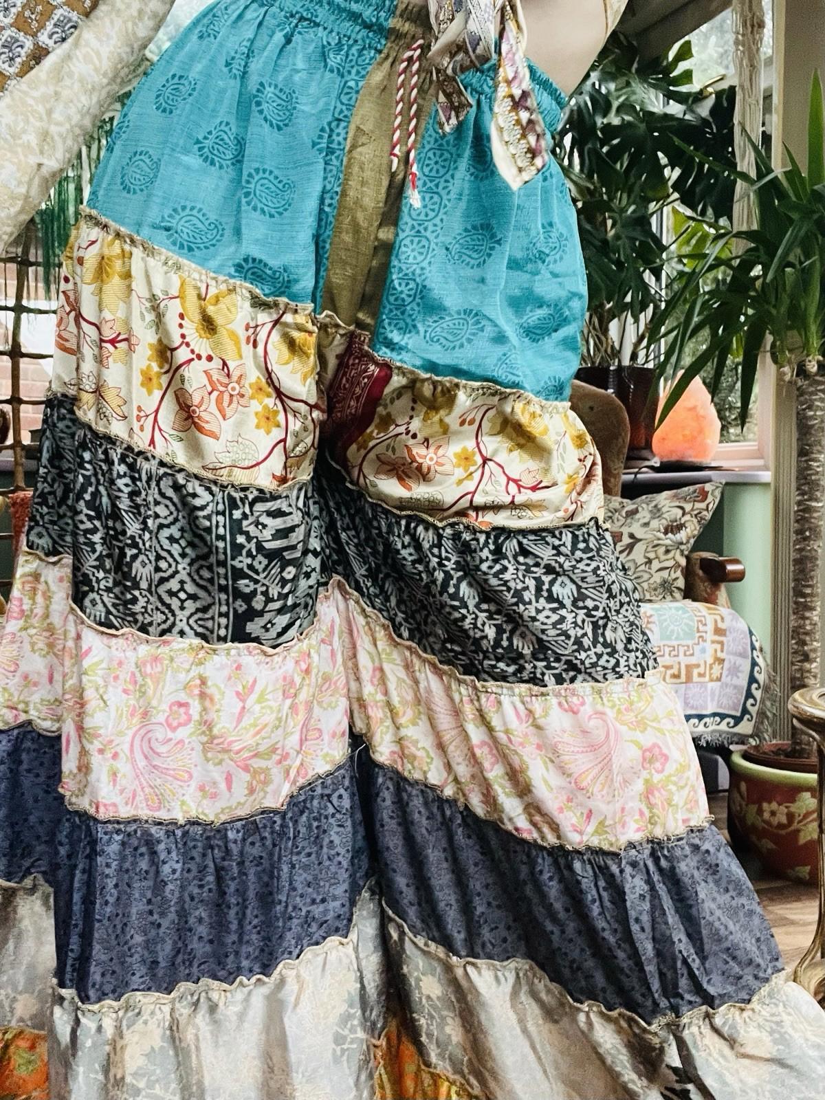 Wide Leg Trousers Vintage Patchwork Layered Sari Silk Hippie Boho Gypsy Pants M