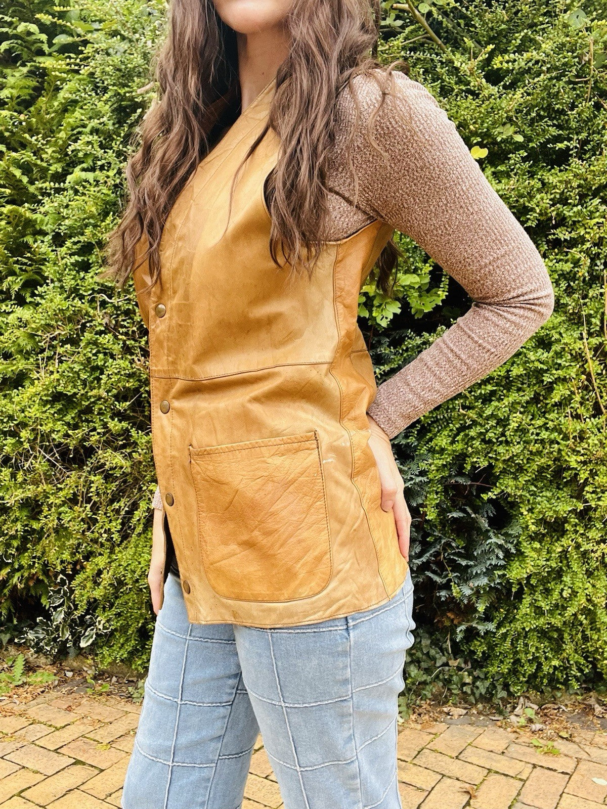 Vintage 1970s Leather Waistcoat, Tan Gilet With Pockets, Unisex Size S 8-10