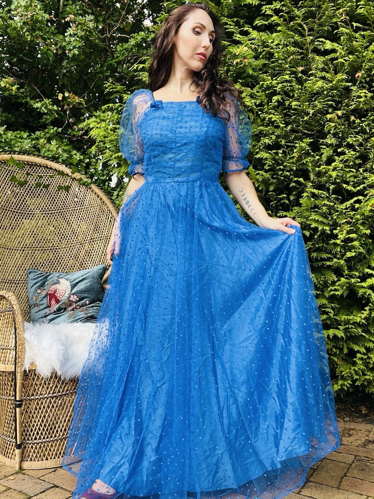 Vintage 1980s Long Dress, Sheer Polkadot Puff Sleeves Ball Gown - Blue Size 10