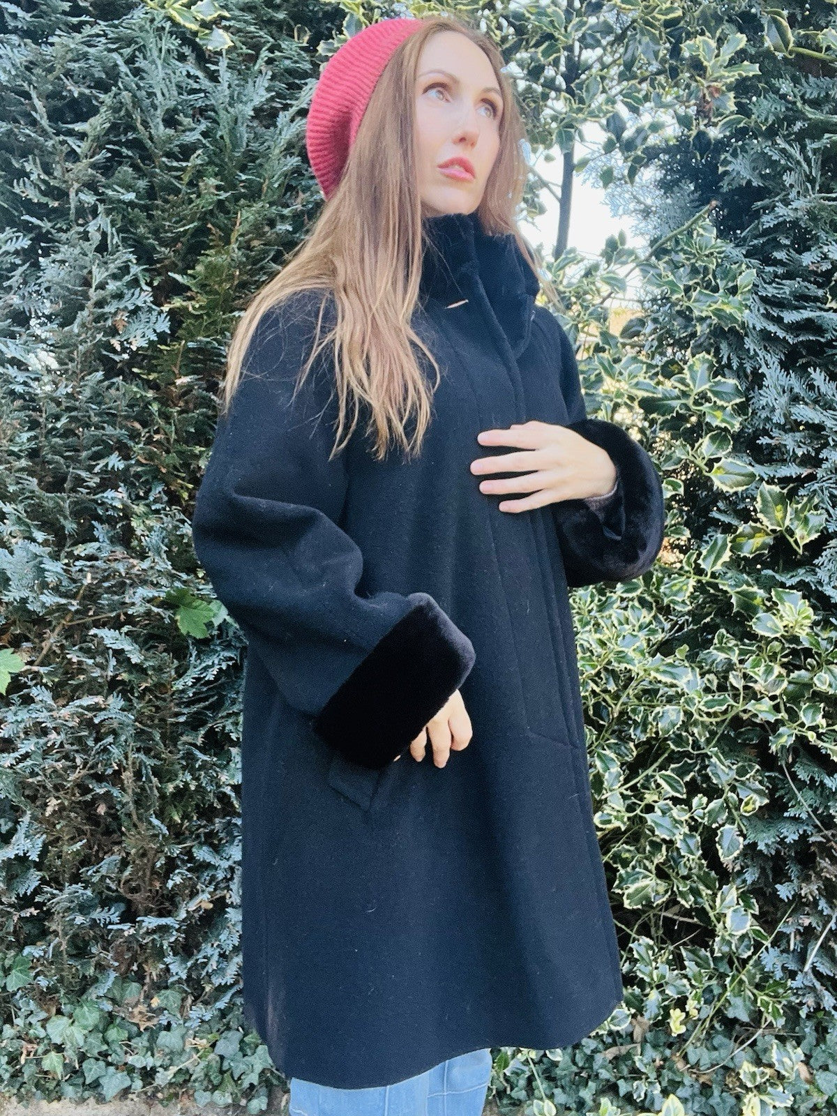 Vintage 1980s Coat Cashmere Blend By Hamells Black With Faux Fur Trim Size 12