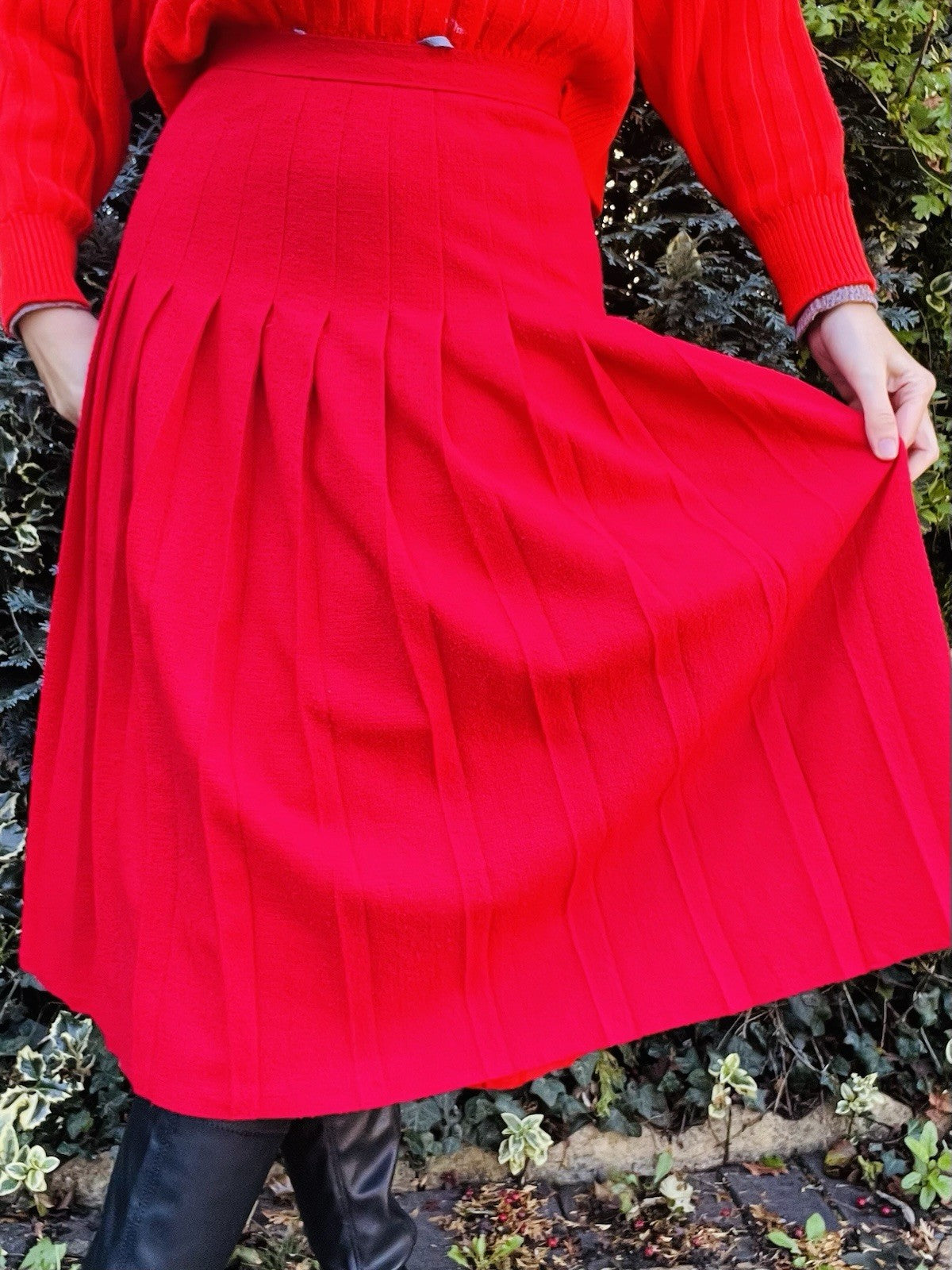Vintage 1980s Pleated Skirt, High Waist Red Midi Kilt Style Skirt Size 8