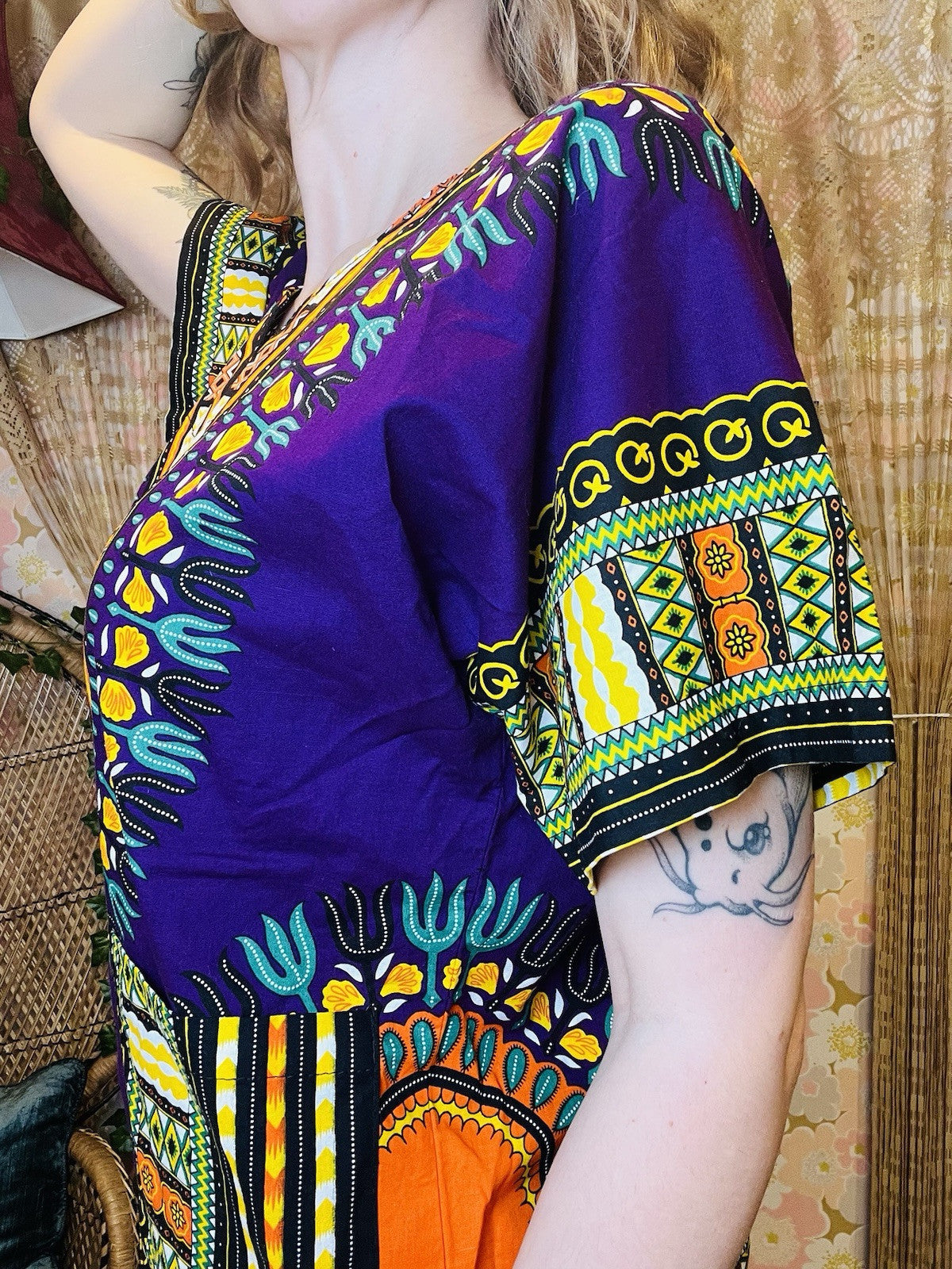 African Dashiki Boho Top 100% Cotton Summer T-shirt Blouse Abstract Print L