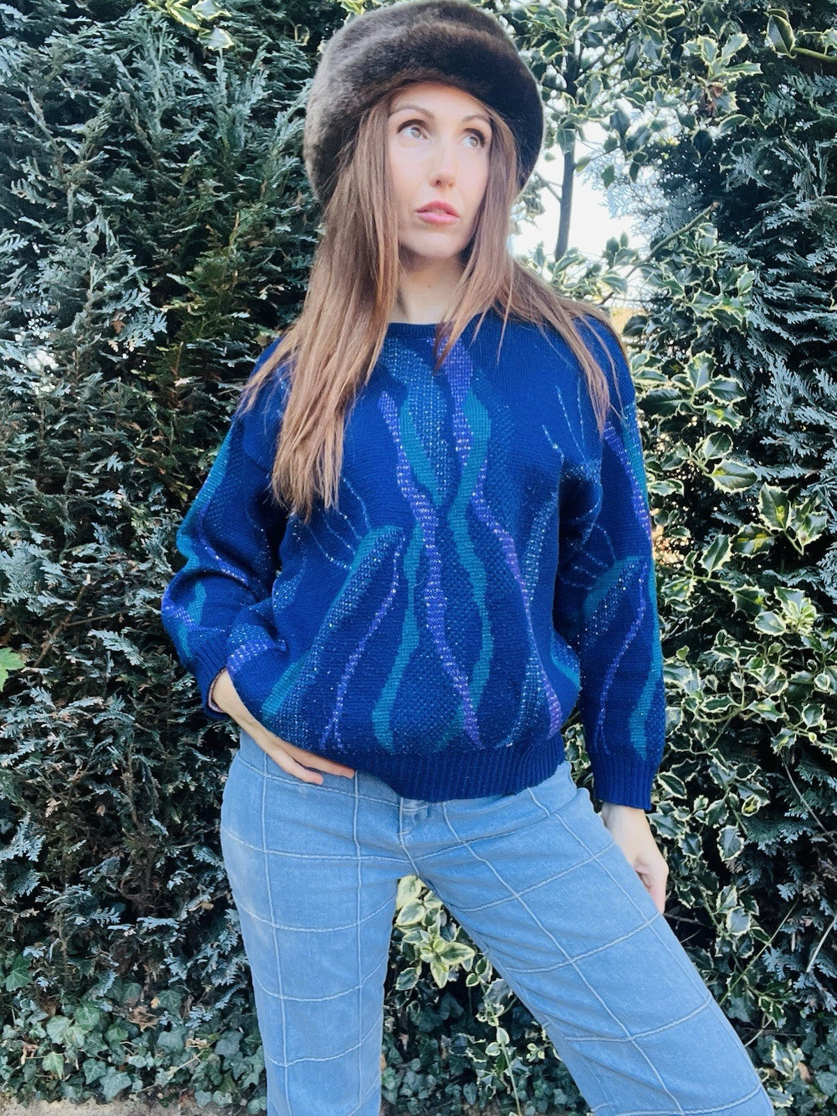 Vintage 1980s Knitted Jumper, Blue Retro Design Winter Knit - Blue Size L