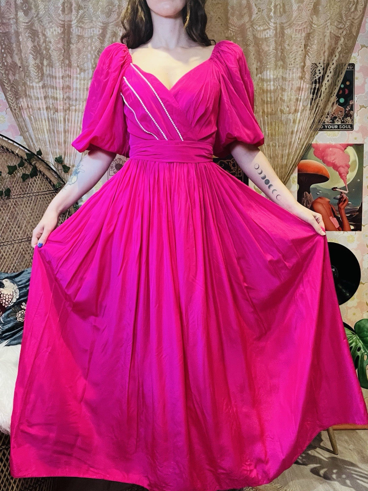 Vintage 1980s Puff Sleeve Dress And Tie Waist Hot Pink Cocktail Gown Size 8
