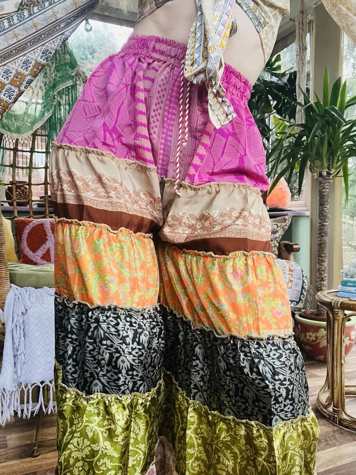 Wide Leg Trousers Vintage Patchwork Layered Sari Silk Hippie Boho Gypsy Pants M
