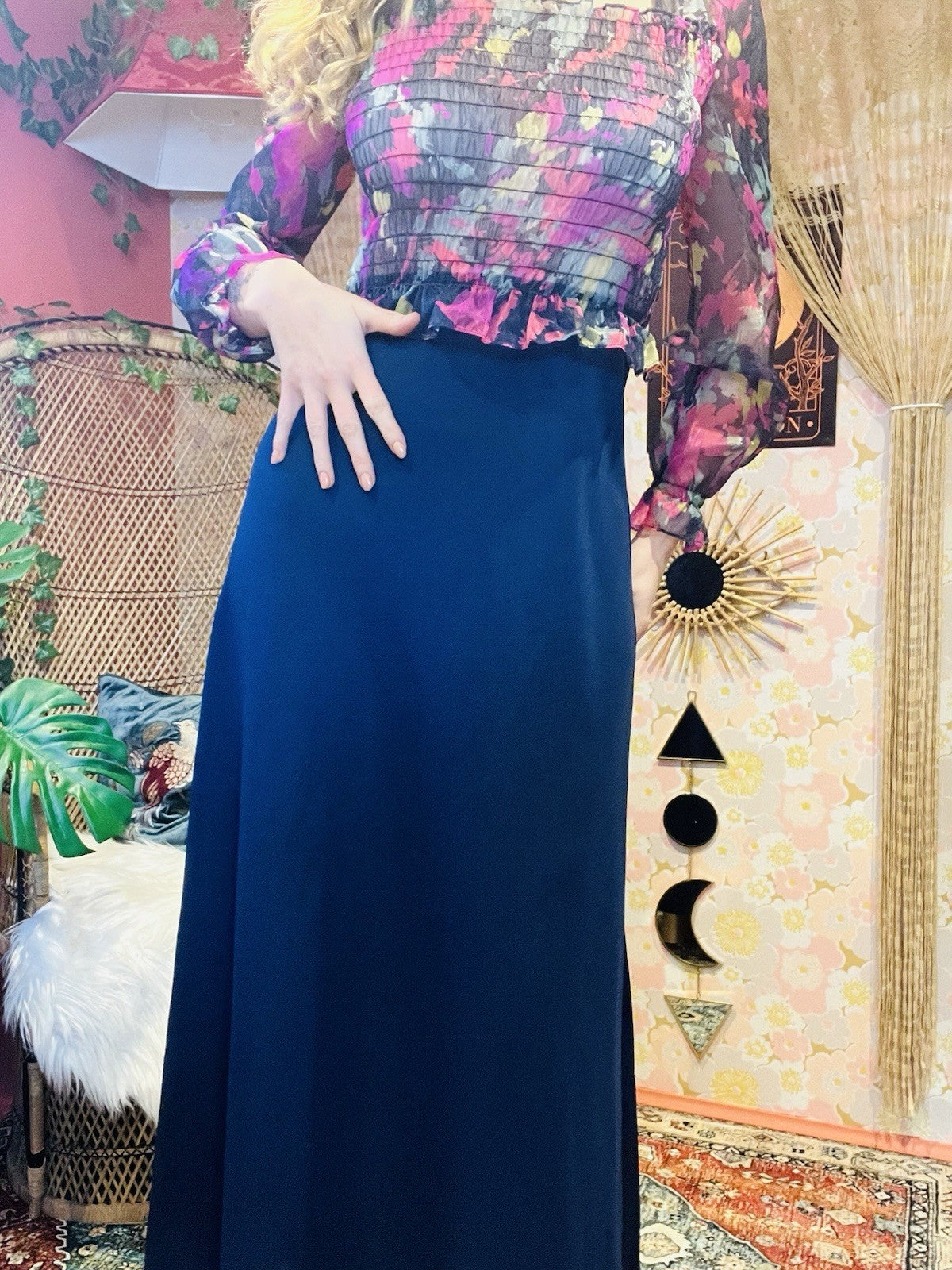 Vintage 1980s Maxi Dress Sheer Peplum Long Sleeve Square Neckline Blue Size 12