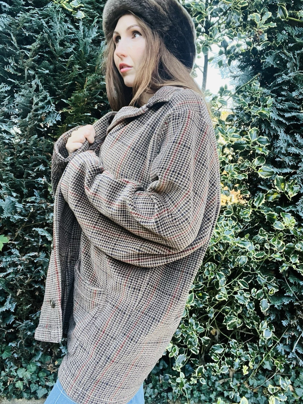 Vintage 80s Fleece Jacket, St Micheal Check Dogtooth Houndstooth Fluffy Coat XL