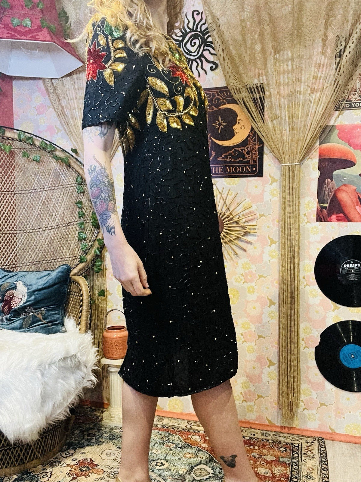 Vintage 1980s beaded Dress By Barkha Pure Silk Embellished Sequin Dress Black M