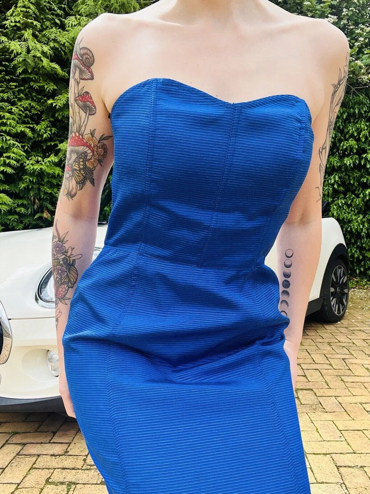 Vintage 1980s cocktail Dress Blue Size 12 L fitted strapless pencil dress