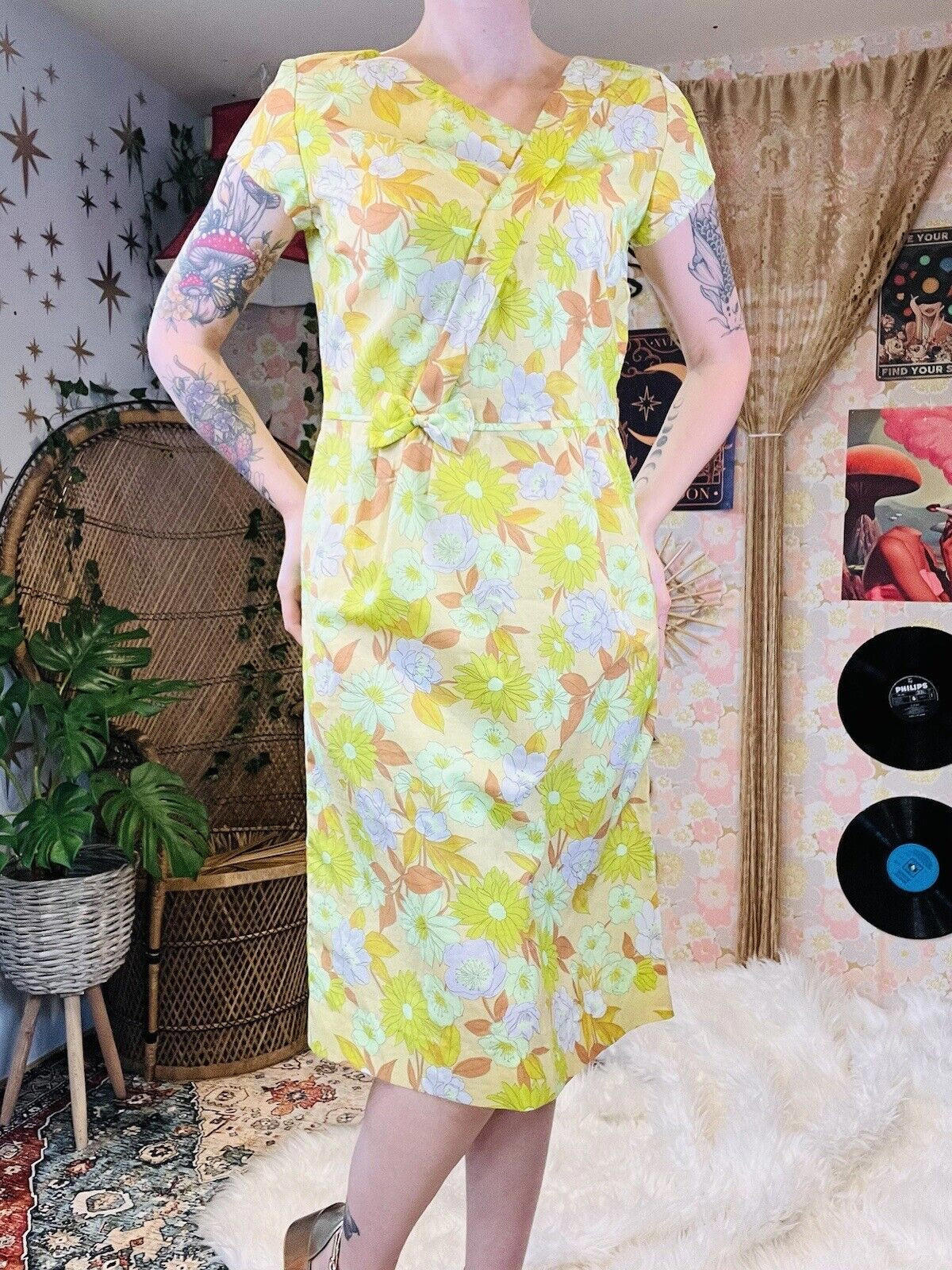 Vintage 1960s Summer Dress By Gileric Wrap Front With Bow Knee Length Size 12