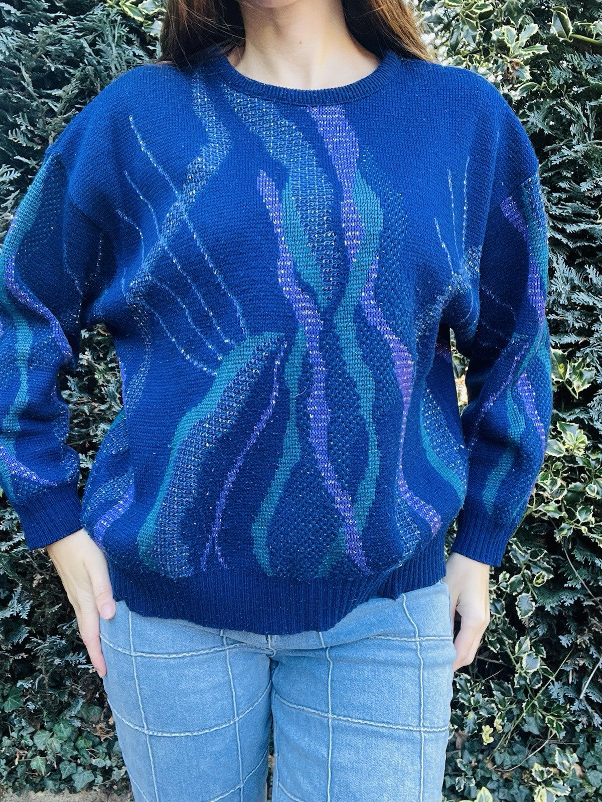 Vintage 1980s Knitted Jumper, Blue Retro Design Winter Knit - Blue Size L