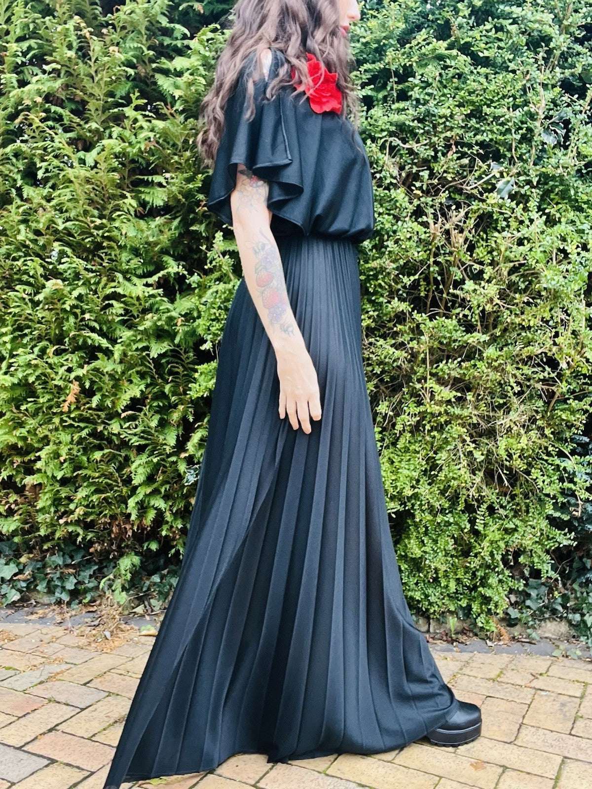 Vintage 1980s Maxi Dress, Long Pleated Skirt, Batwing Cape Sleeve Top, Black 10